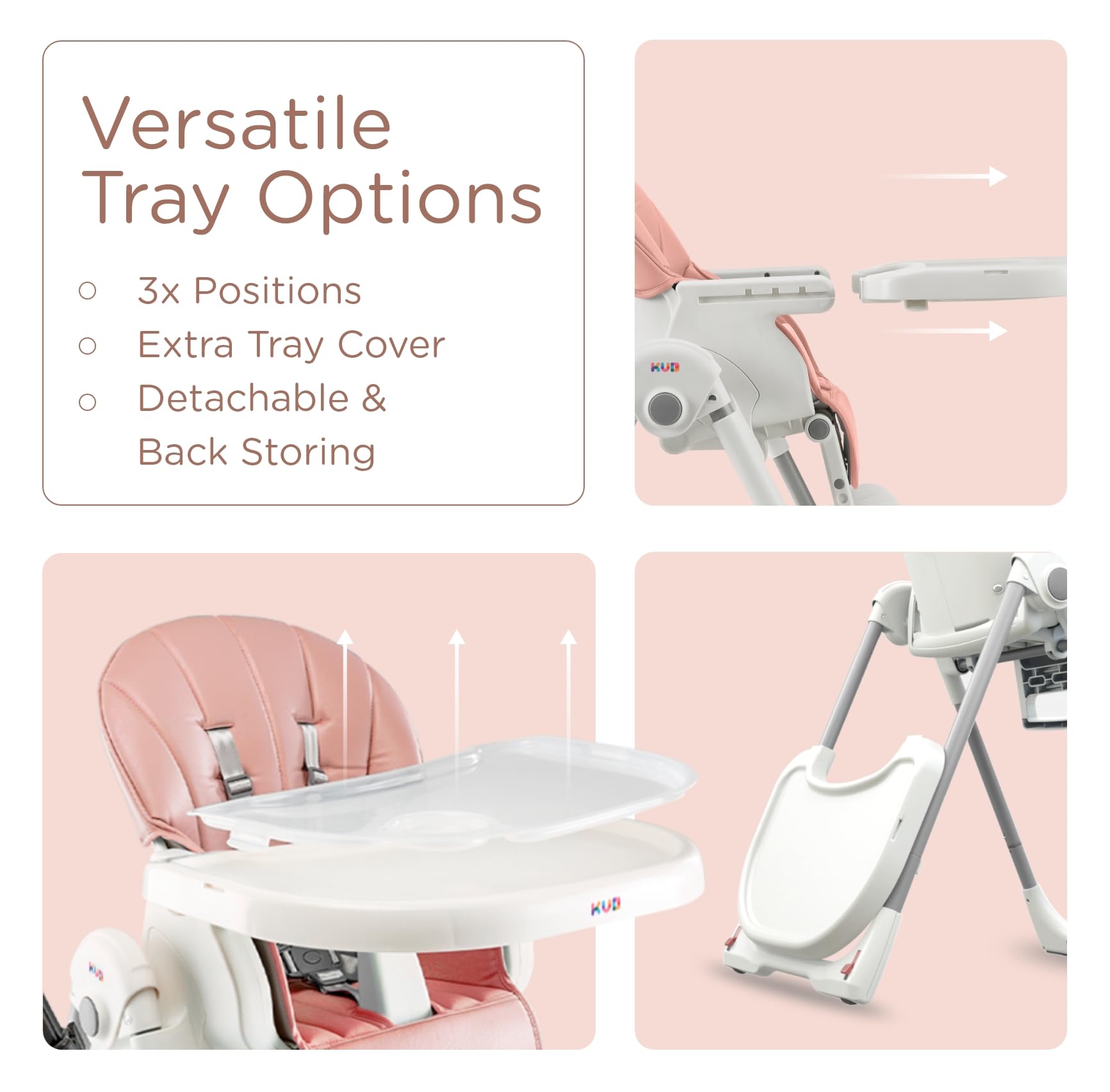 KÜB 3-in-1 Foldable Baby High Chair with 7 Height & 4 Recline Adjustments | Removable Washable Seat & Tray | 2 Locking Wheels | Multi-Functional Infant Highchair for Babies & Toddlers (Pink) | Perfect for Dining, Feeding & Playtime at Home or Travel