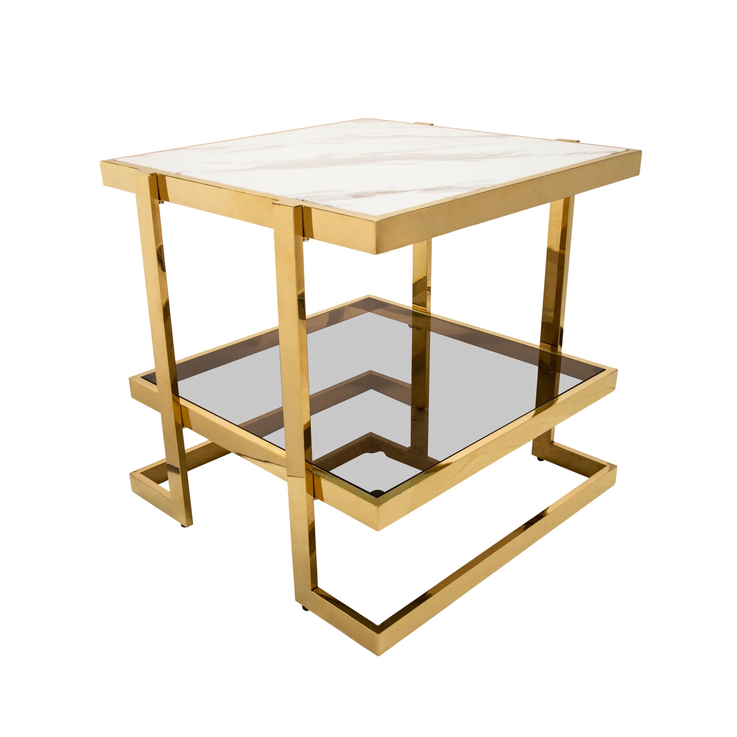 Sagebrook Home Gold/White Metal and Marble Glass Side Table - Modern End Table for Living Room, Bedroom, or Office Decor