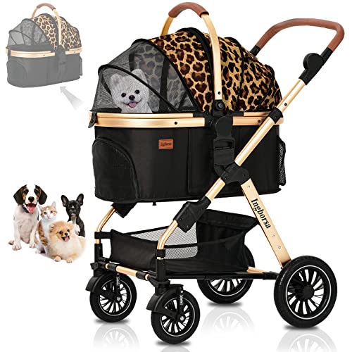 Foldable Lightweight Pet Stroller for Small & Medium Dogs - Leopard Brown | Detachable Storage Basket | Perfect for Park Walks, Vet Visits & Shopping Trips