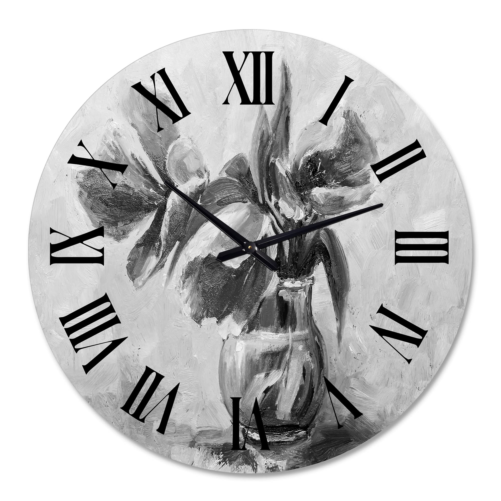 DesignQ Traditional Wall Clock - Monochrome Still Life of Flowers in Vase - Large Floral & Botanical Wall Clock for Living Room, Bedroom, Office Decor - Perfect for Home, Office & Gift Giving