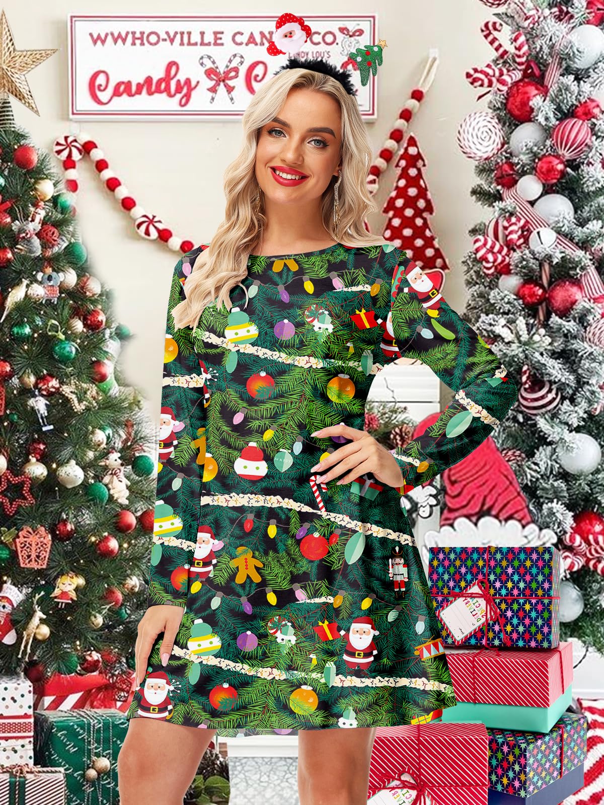 Festive Christmas Tree Print Women's Party Dress - Long Sleeve Winter Holiday Ugly Sweater Dress Size 2XL for Xmas Parties, Family Gatherings & Ugly Sweater Contests