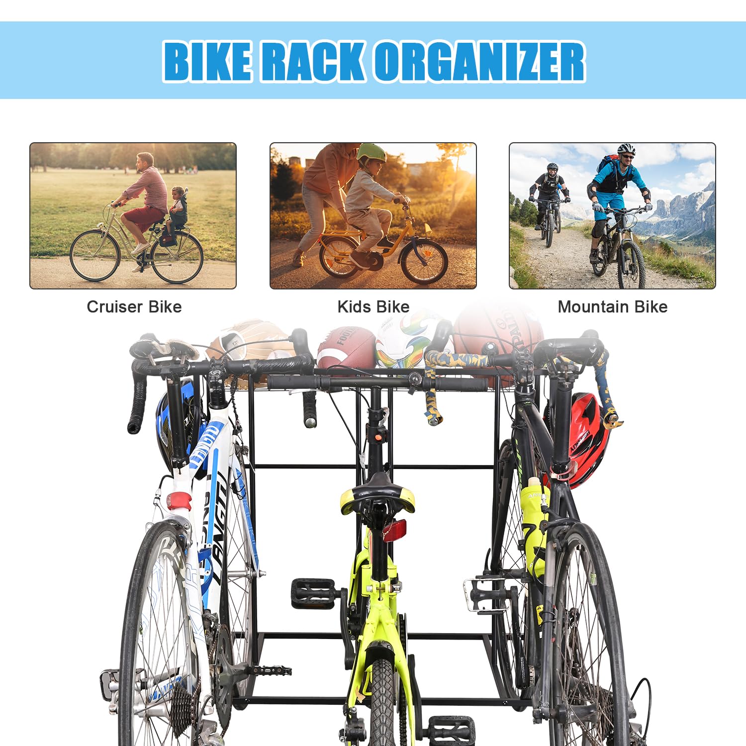 Mythinglogic 3-Bike Floor Parking Stand - Heavy Duty Free Standing Bike Rack for Garage Storage Organizer (Fits Adult & Kids Bicycles) - Perfect for Home, Garage, and Apartment Bike Organization
