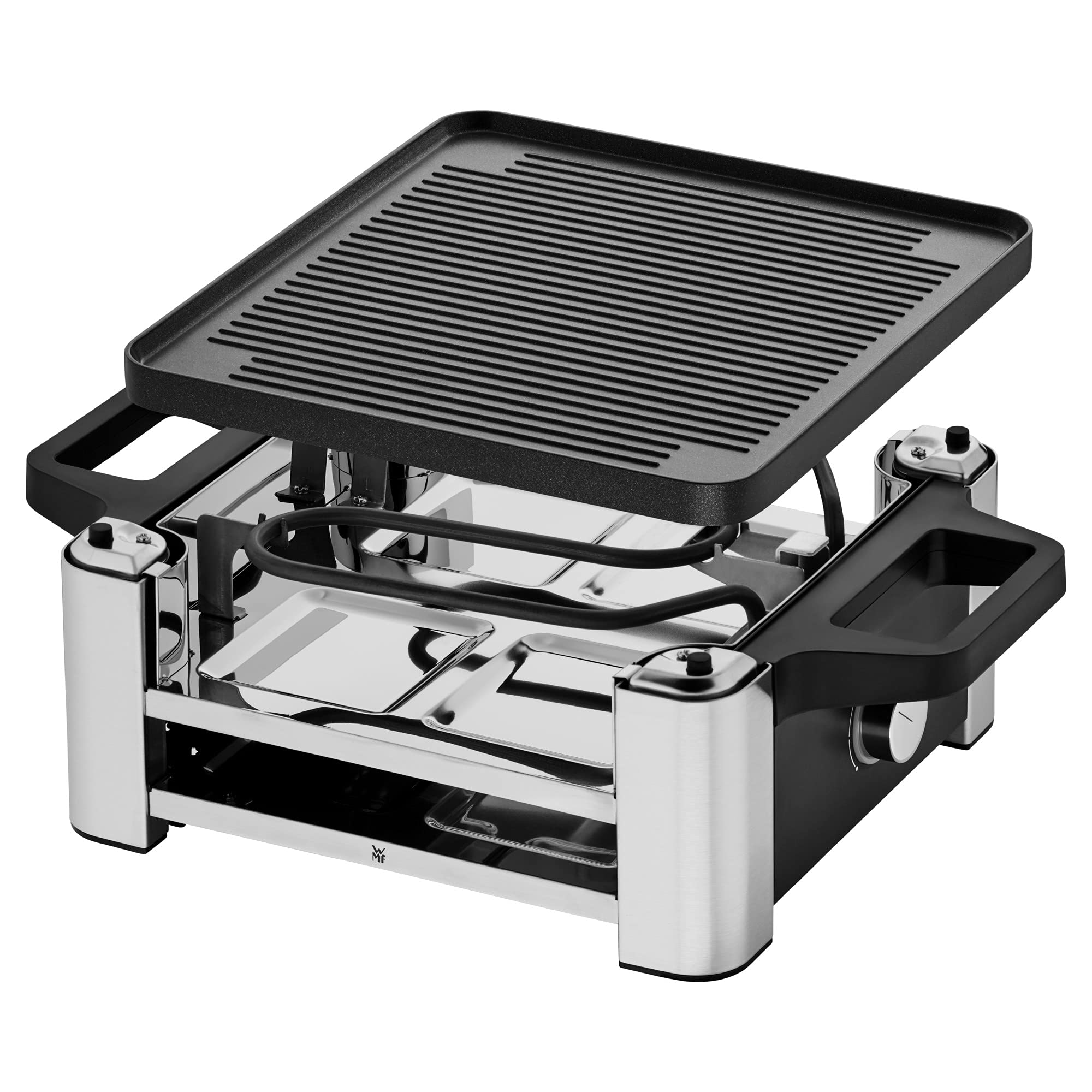 WMF Lono Raclette Grill with Pans & Spatulas - 4 Person Electric Raclette Set, 870W, Matte Stainless Steel - Perfect for Family Gatherings & Dinner Parties