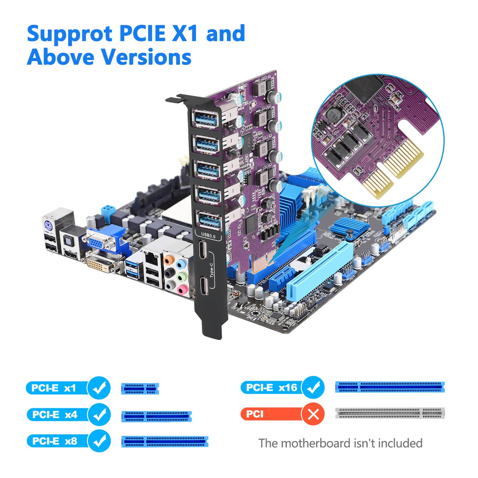 7-Port PCIe to USB 3.0 Expansion Card with 2 USB-C & 5 USB-A Ports - Internal PCI Express Adapter for Desktop PC - Compatible with Windows XP/7/8/10 & Mac OS - Purple - Perfect for Gaming, VR, Data Transfer & Multiple Device Connectivity