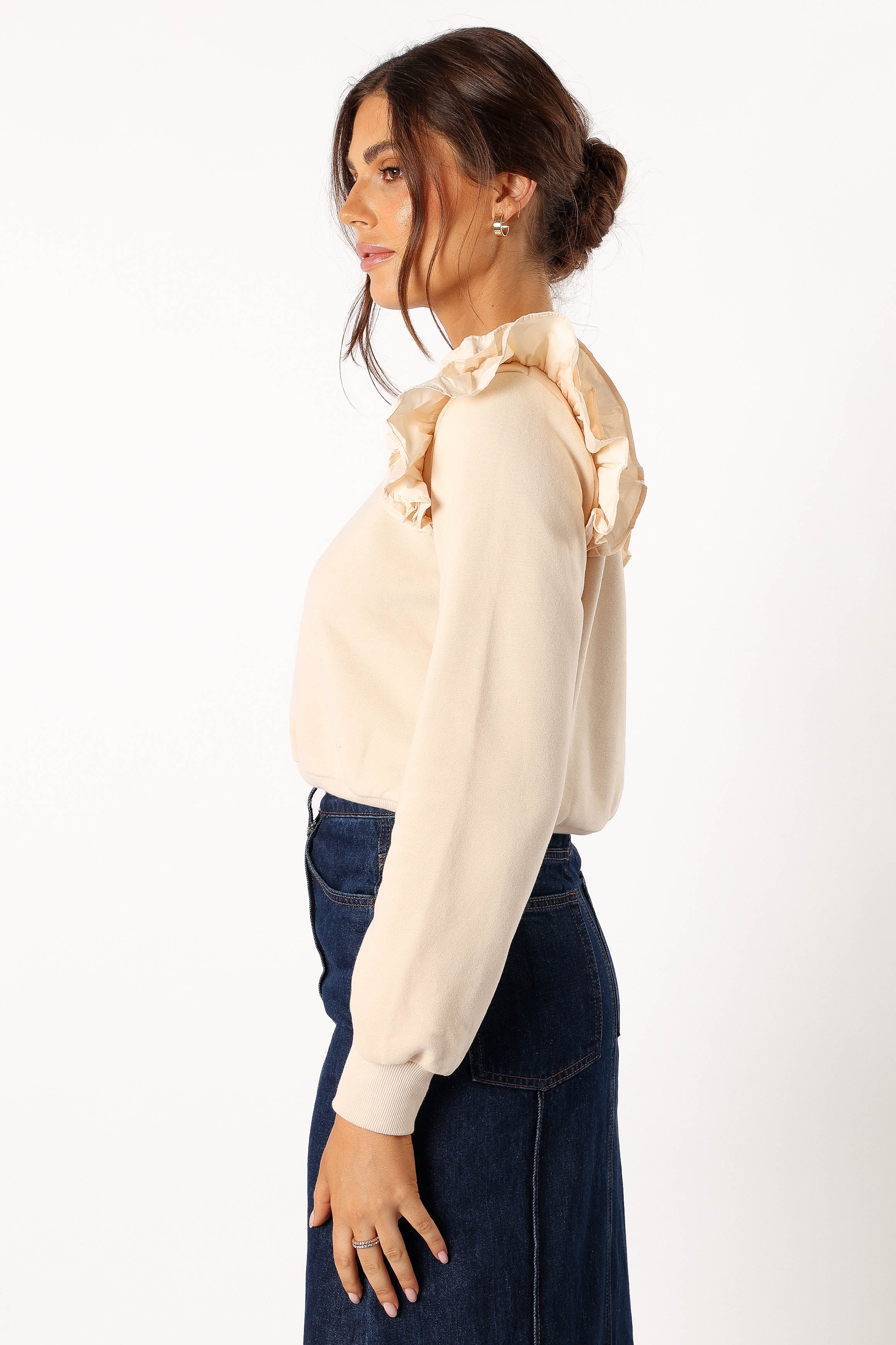 Cora Ruffle Sleeve Sweatshirt for Women - Soft Cream Pullover with Feminine Ruffles | Casual Outfit, Layering Essential & Cozy Fall Fashion