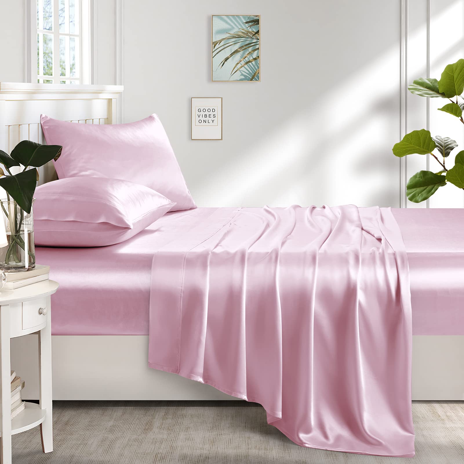 Luxury Silk Satin Sheets Set - California King Size with Deep Pockets | Cooling, Soft & Hypoallergenic Bedding | Perfect for Hot Sleepers & Allergy Sufferers | Pink Satin Sheets for Elegant Bedroom Decor