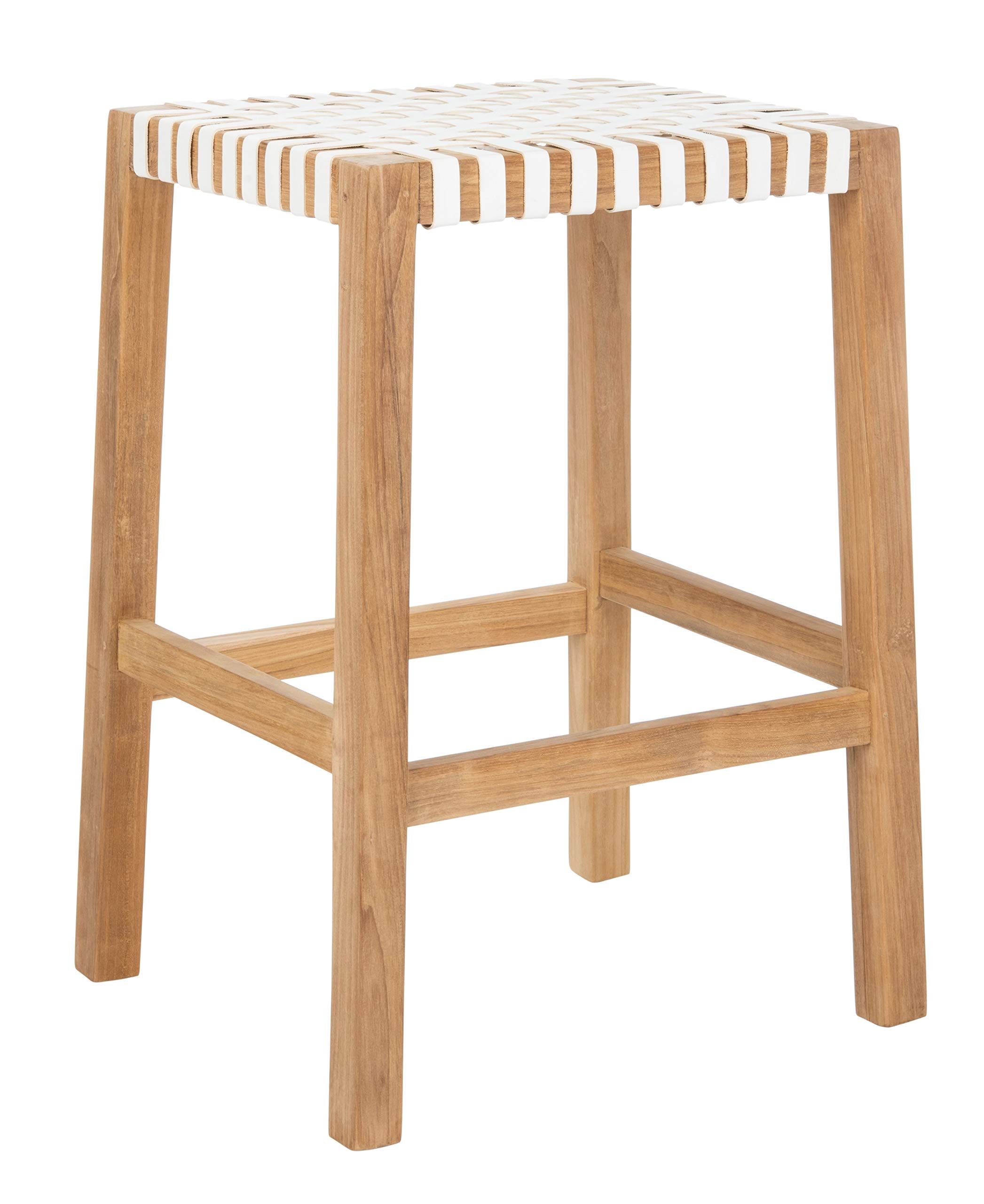 SAFAVIEH Capri Natural Teak & White Leather 27-inch Bar Stool - Modern Kitchen Counter Stool for Dining Room, Breakfast Nook & Home Bar Decor