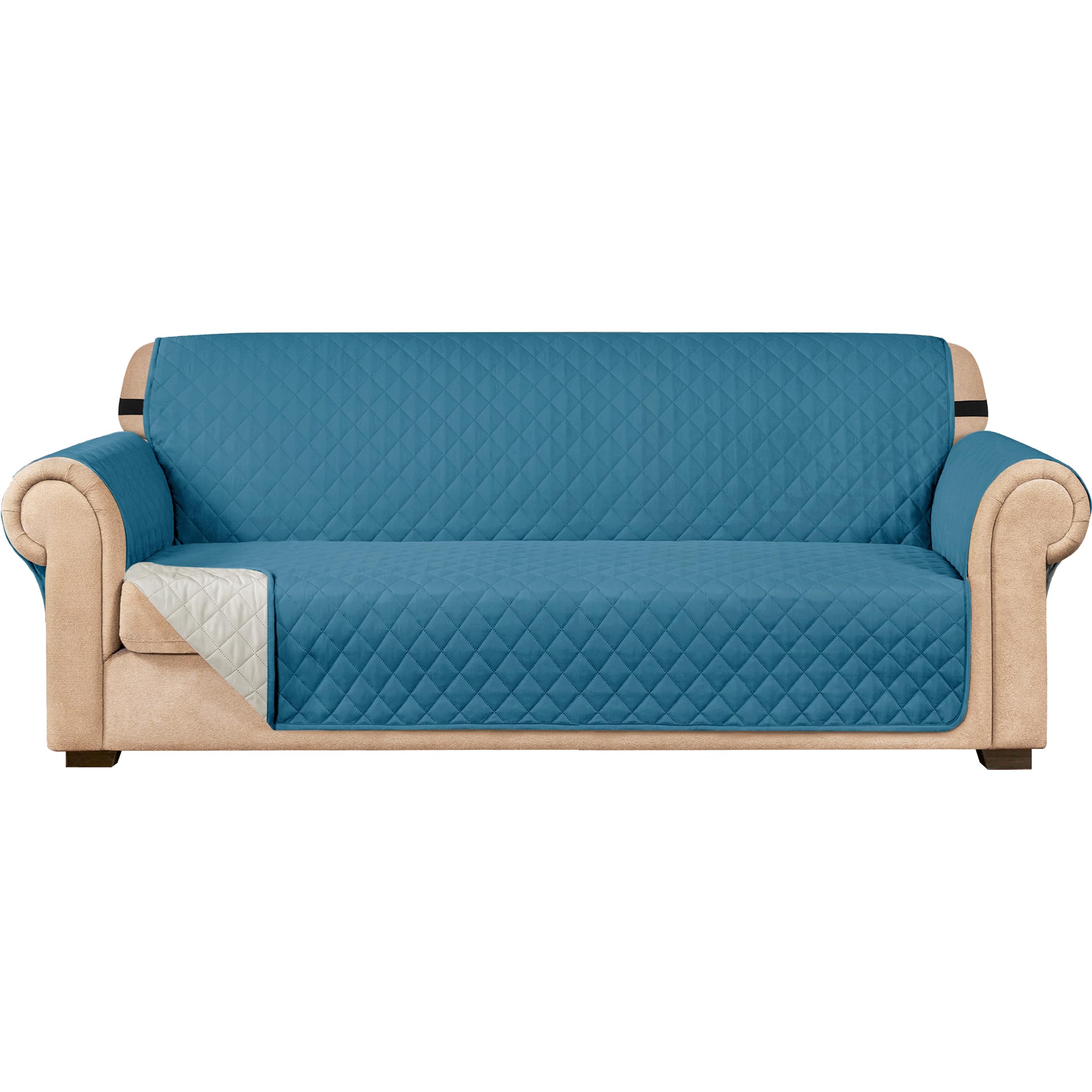 Reversible Quilted Sofa Slipcover with Elastic Straps - Washable Furniture Protector for Oversized Couches (Blue) | Pet-Friendly Living Room Couch Cover for Home Decor & Daily Use