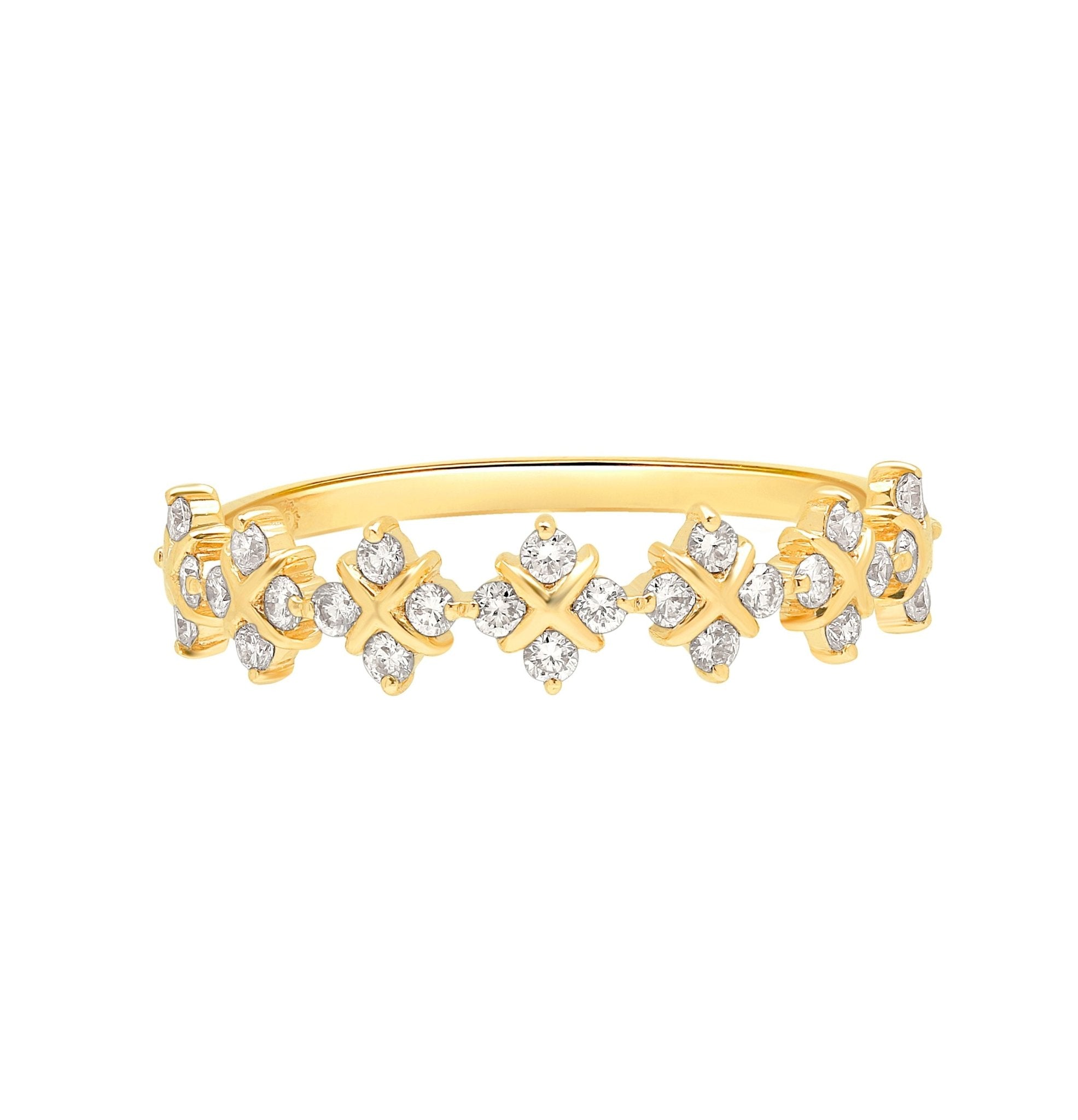 14K Yellow Gold Diamond Clover Criss Cross Eternity Ring for Women - Elegant Wedding Band, Anniversary Gift, or Everyday Luxury Jewelry