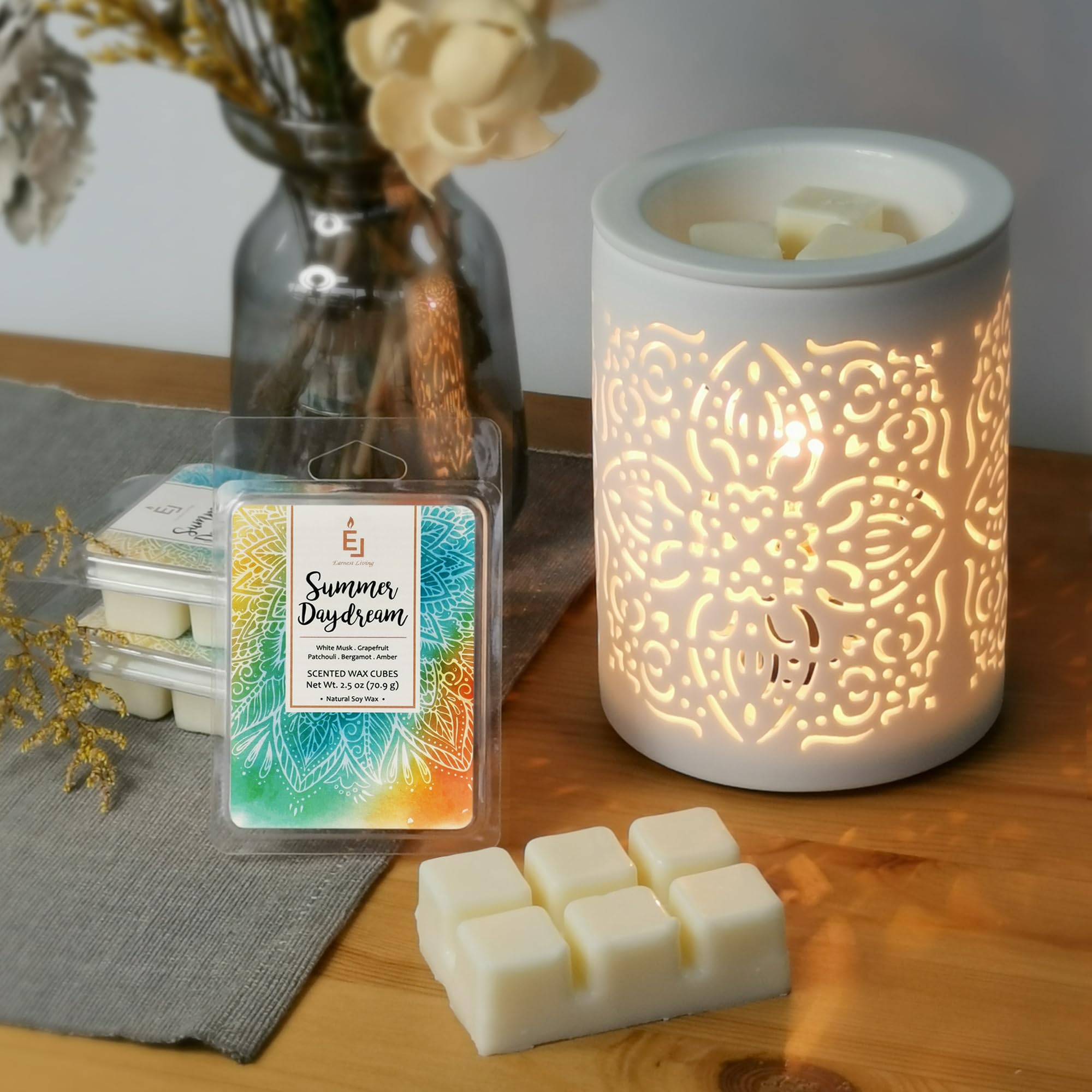 Earnest Living Scented Wax Melts - Summer Daydream Fragrance with White Musk, Grapefruit, Patchouli, Bergamot & Amber | 2.5 oz Wax Cubes (2-Pack) for Home Warmer, Electric Tart Burner | Perfect for Living Room, Bedroom & Office Aromatherapy | Long-Lasting Air Freshener & Relaxing Gift Idea