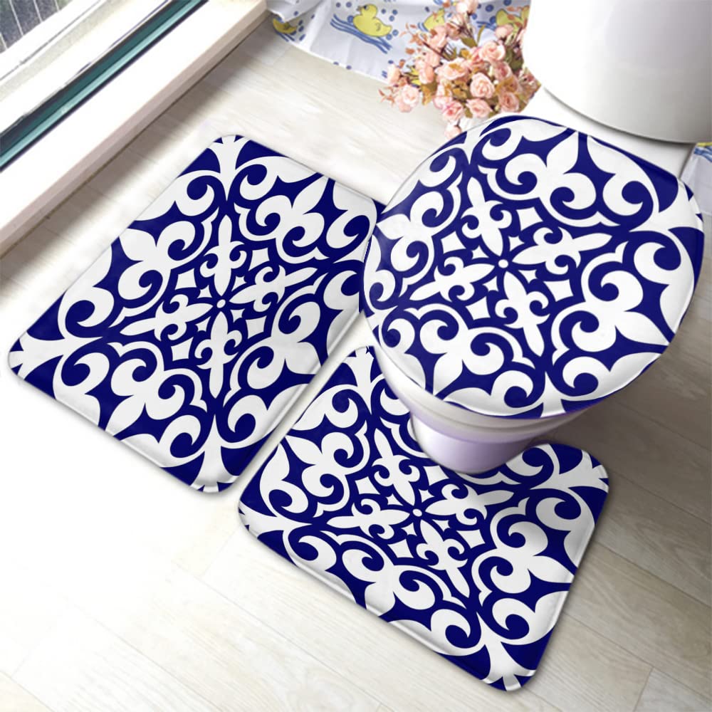 Swono 3-Piece Geometric Bathroom Rug Set - Non-Slip Blue and White Arabesque Design U-Shaped Contour Rug, Toilet Lid Cover & Bath Mat with Rubber Backing for Modern Islamic & Oriental Style Bathrooms