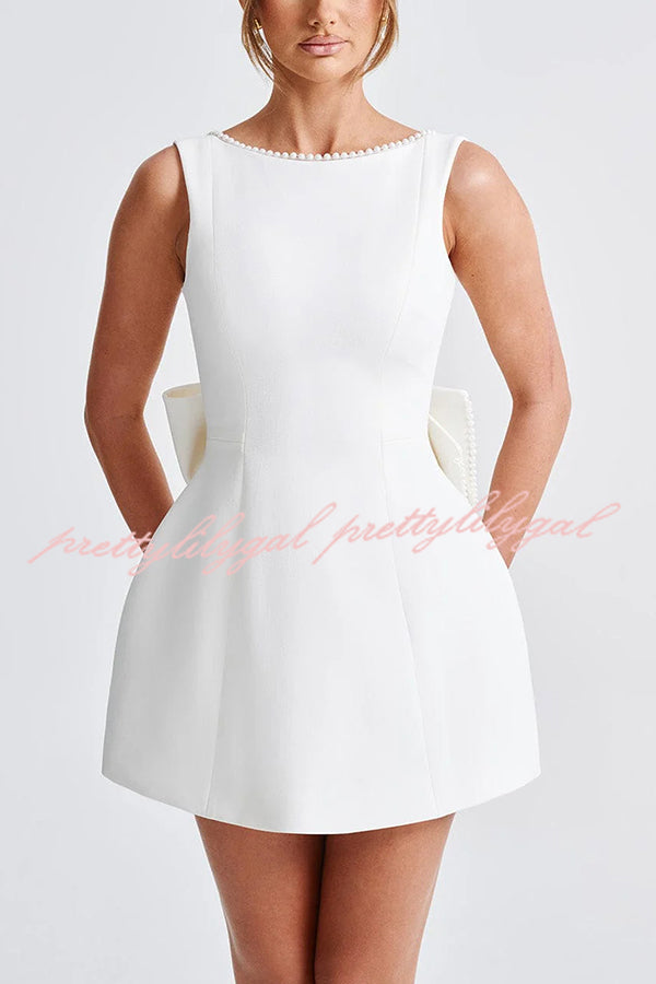 Elegant Pearl Embellished Large Bow Slim Fit Mini Dress for Women - Perfect for Parties, Weddings & Special Occasions