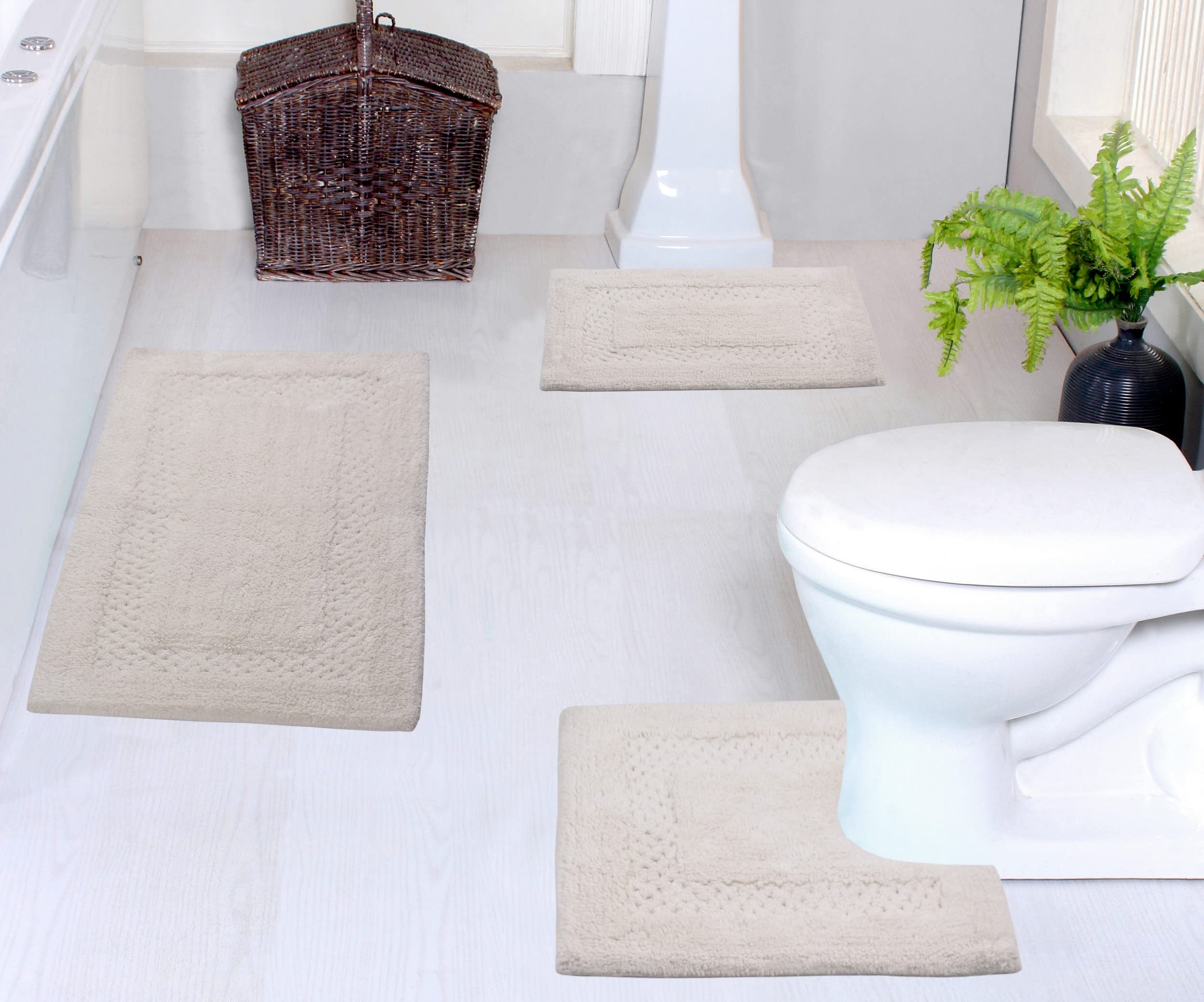 Premium 100% Cotton Bath Mat Set - Ultra Soft Absorbent Non-Slip Bathroom Rugs, Washable Contour Bath Mats for Bathroom & Kitchen Floor, 3-Piece Ivory Set - Perfect for Spa-Like Comfort & Safety