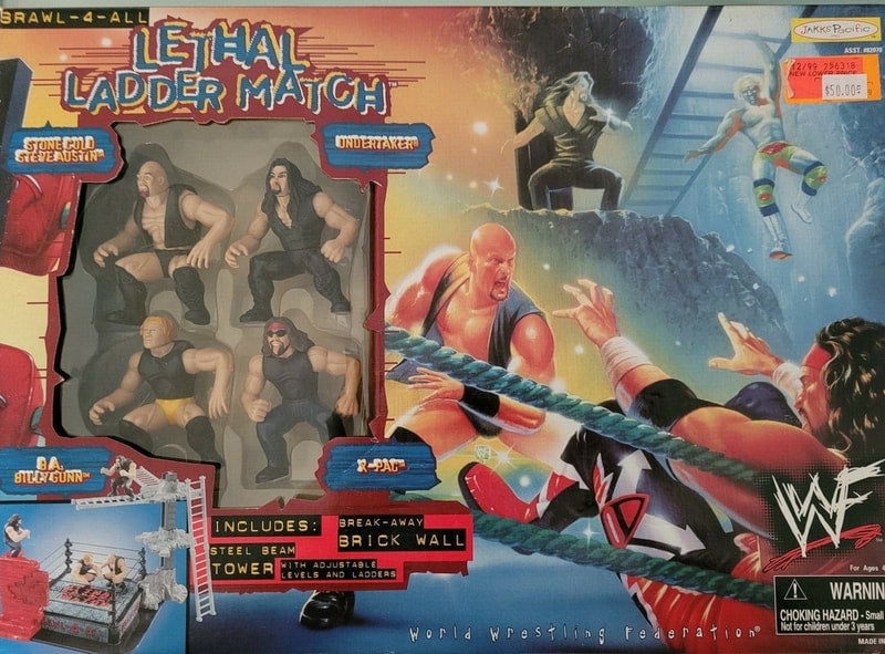 Vintage 1999 WWF Jakks Pacific Brawl 4 All Lethal Ladder Match Action Figure Set - Stone Cold Steve Austin, Undertaker, B.A. Billy Gunn & X-Pac (No Logo Version) - Collectible Wrestling Toys for Display & Play Battles
