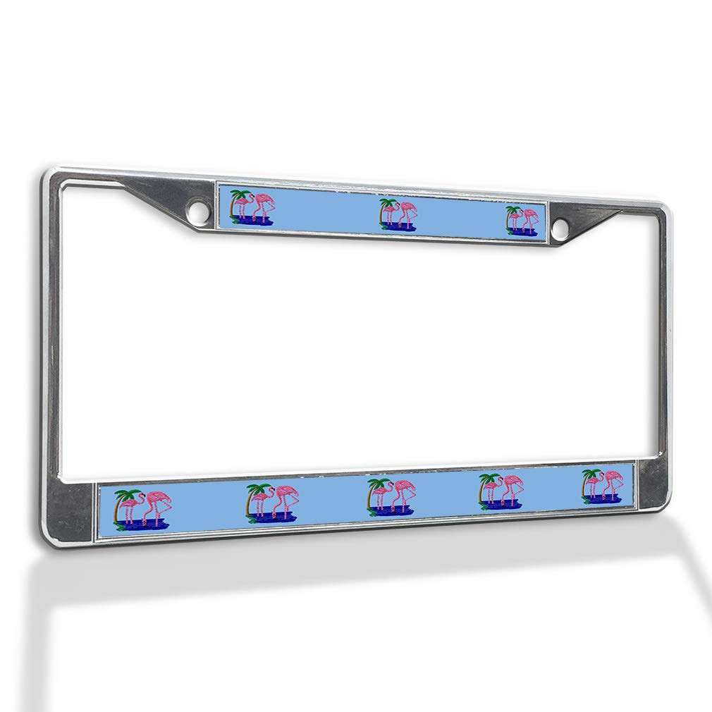 Premium Metal Insert License Plate Frame with Flamingo Design - Weatherproof & Durable Chrome Car Accessory (2 Holes, Solid Insert) - Perfect for Beach Lovers & Tropical Car Decor