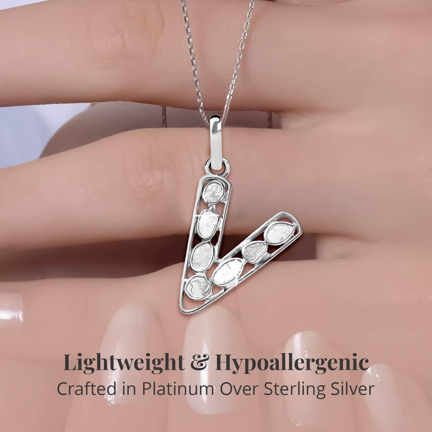 Polki Diamond Initial Necklace for Women - 925 Sterling Silver Platinum Plated, 20
