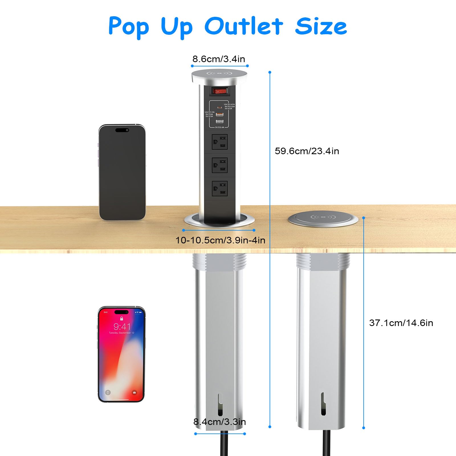 XBA Pop Up Outlet for Countertop - 4 Inch Recessed Power Strip with 15W Wireless Charger, PD 20W USB C, 2 USB A Ports & 3 AC Outlets - Hidden Electrical Outlet with 6FT Extension Cord - Perfect for Kitchen, Office, Conference Room & Home Use (Black)