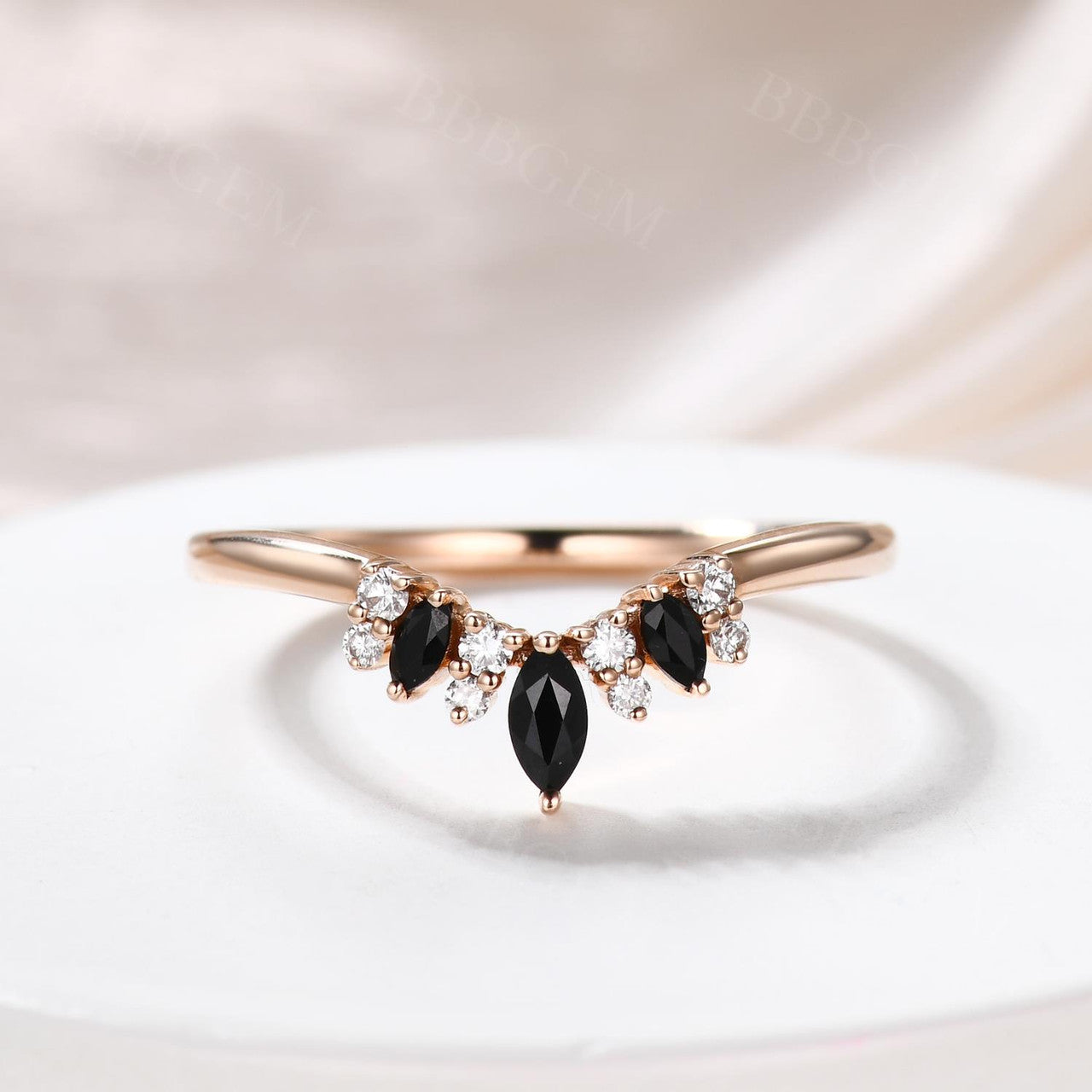 Elegant Marquise & Round Cut Black Spinel Diamond Wedding Band for Women - Curved Stackable Ring for Bridal, Anniversary & Special Occasions