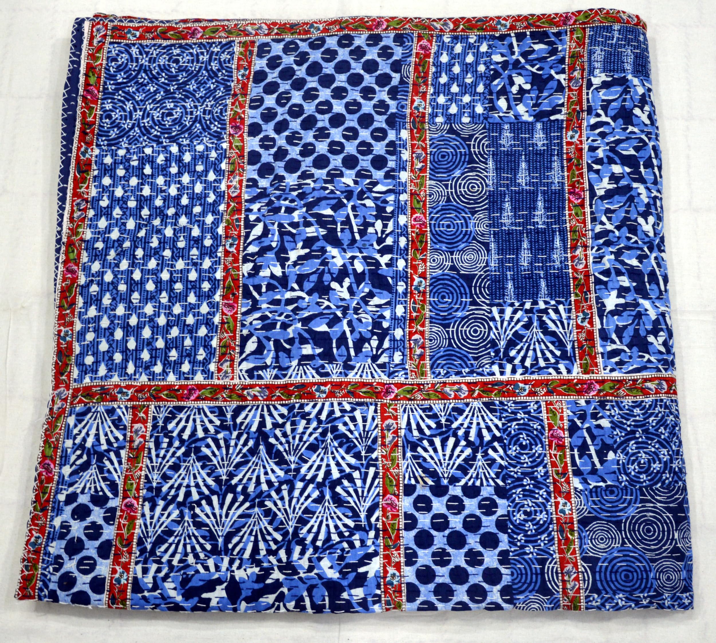 Handmade Indian Cotton Kantha Quilt - Reversible Vintage Patchwork Blanket, King Size (Indigo Print) | Gudari Bed Cover, Throw & Bedspread for Cozy Home Decor, Guest Room & Boho Style Bedding