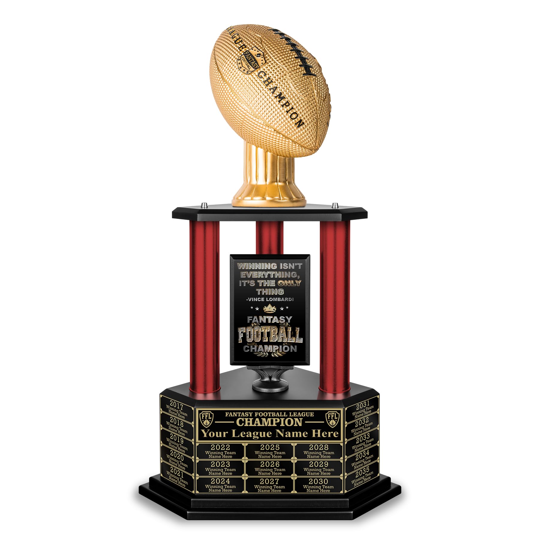 Customizable Fantasy Football Championship Trophy - Engraved Past Winners Up to 19 Years - 26-56 Inch Tall Gold Football Award - Perfect for NFL, College & Fantasy League Victories