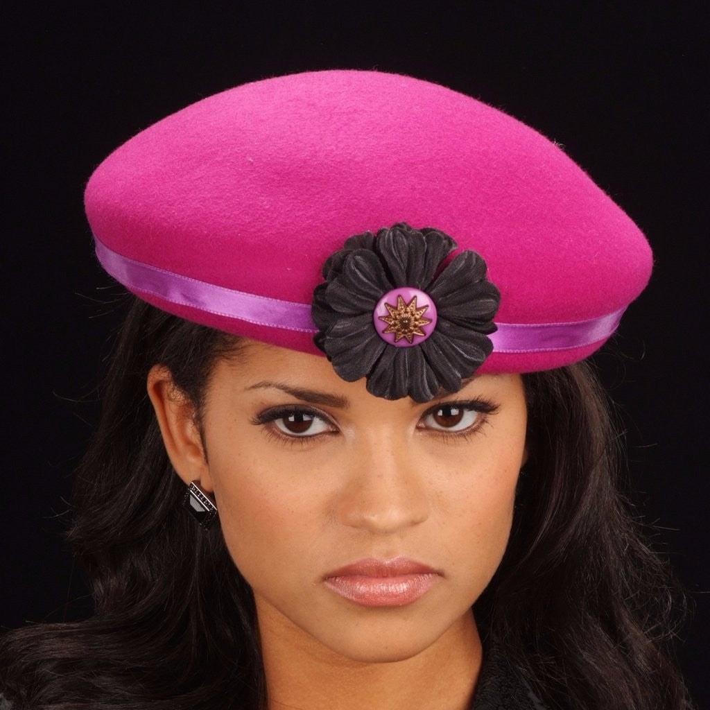 FW1134 Women's Felt Pillbox Hat with Small Flower & Button - Vintage Style Dress Hat for Church, Weddings & Tea Parties