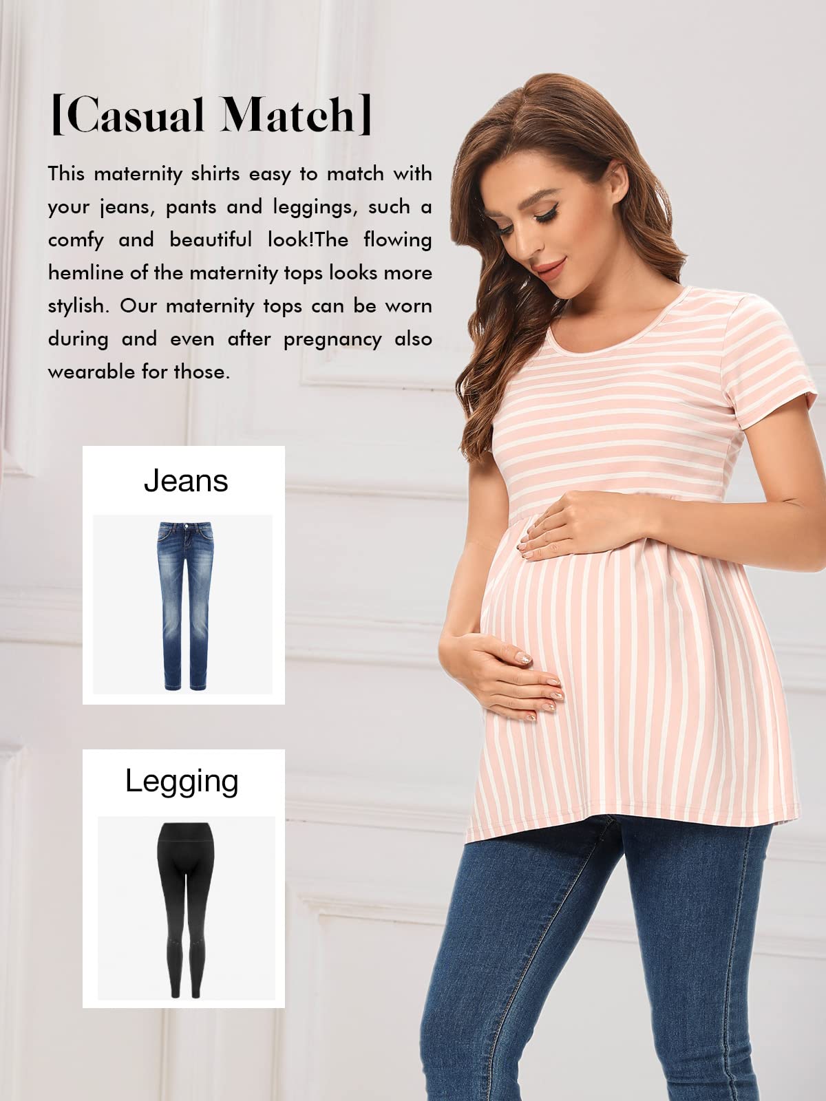 Jezero Women's Maternity Tops - Short & Long Sleeve Side Ruching Round Neck Shirts for Pregnancy | Comfortable Nursing & Everyday Wear for Expecting Moms