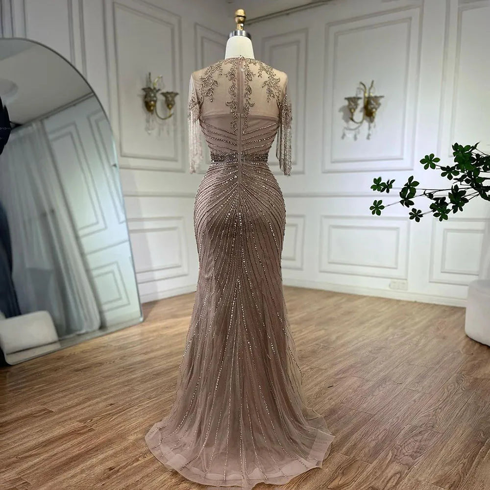 Luxury Dubai Arabic Caramel Tassel Mermaid Beaded Evening Gown for Women - Wedding, Party & Special Occasion Dresses 2025 | Elegant Formal Wear for Brides, Prom & Red Carpet Events
