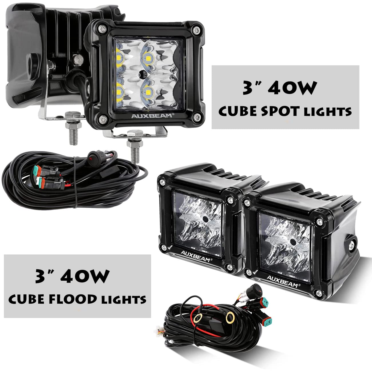 Auxbeam 3 Inch LED Cube Pod Lights - Spot & Flood Beam Combo, Black Frame, Off-Road LED Light Bar for Trucks, Jeeps, ATVs, Boats, and Marine Use