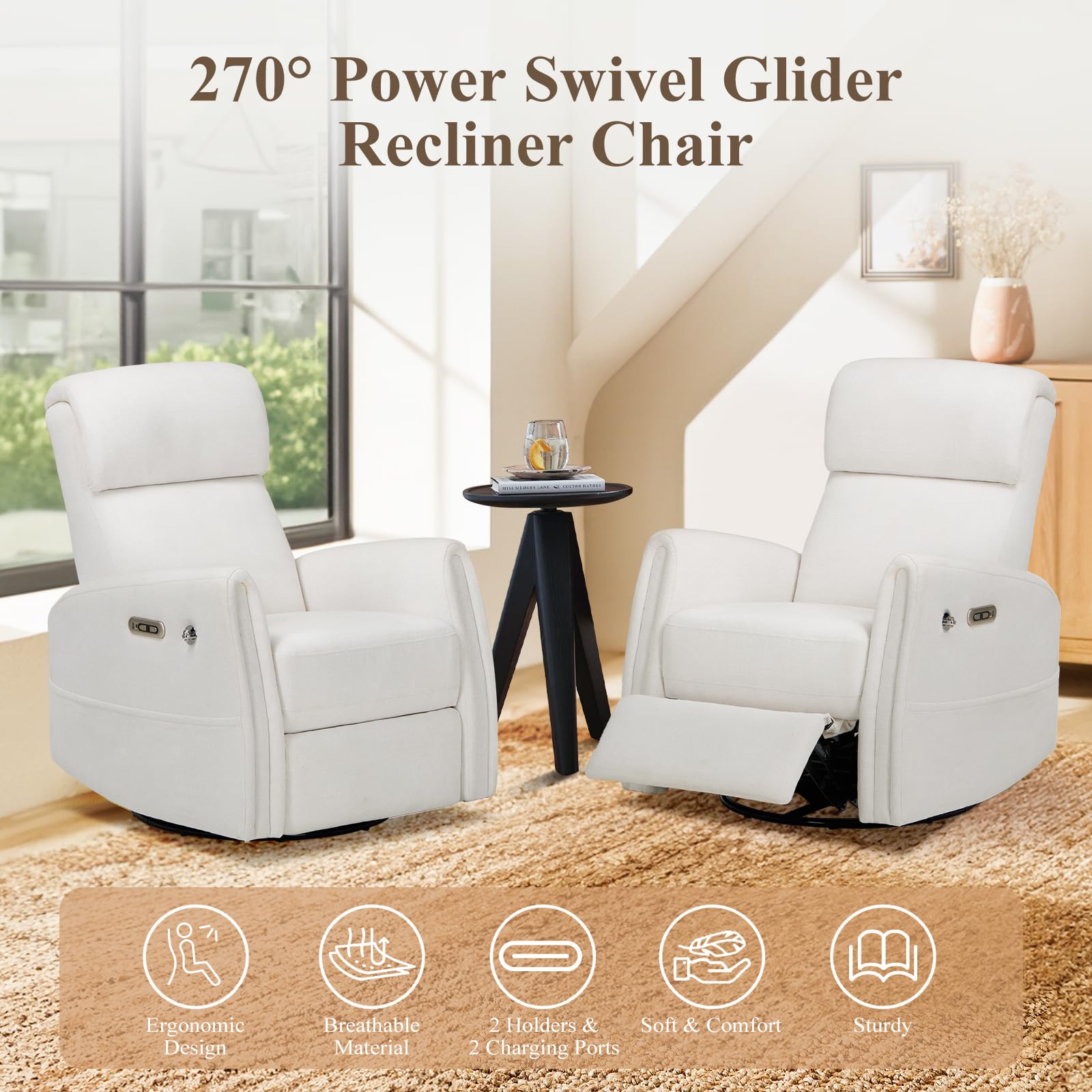 COLAMY Power Swivel Glider Recliner Chair - 270° Swivel & 145° Recline with USB Charging Ports, Nursery Rocking Chair for Baby Room, Comfortable Living Room Chair for Apartment & Home (White) - Perfect for Nursing, Relaxing & Entertainment Spaces