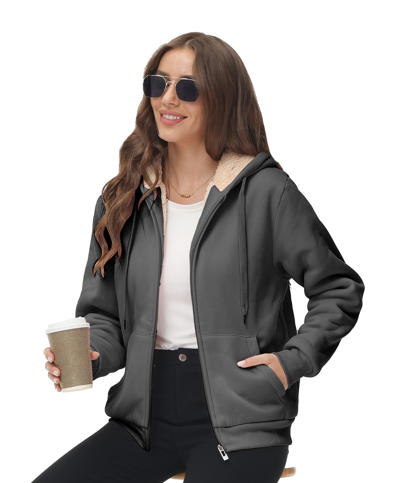 Women's Sherpa Lined Zip Up Hoodie - Winter Fleece Jacket with Warm Fleece Lining | Cozy Outerwear for Cold Weather, Casual Wear & Outdoor Activities