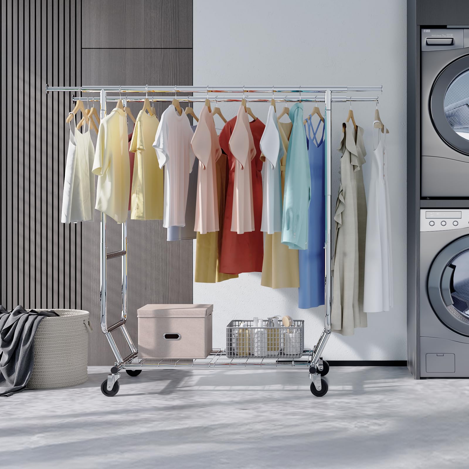 HOKEEPER Heavy Duty Collapsible Garment Rack with Wheels - Double Rod Clothes Hanging Rack with Shelves | Portable Commercial Clothing Rack for Retail Stores, Boutiques, Laundry Rooms & Home Organization