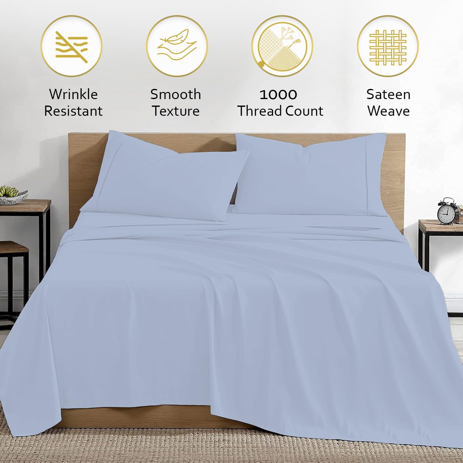 Premium 100% Egyptian Cotton King Sheet Set - 4 Piece Sky Blue Cooling Bed Sheets with 17