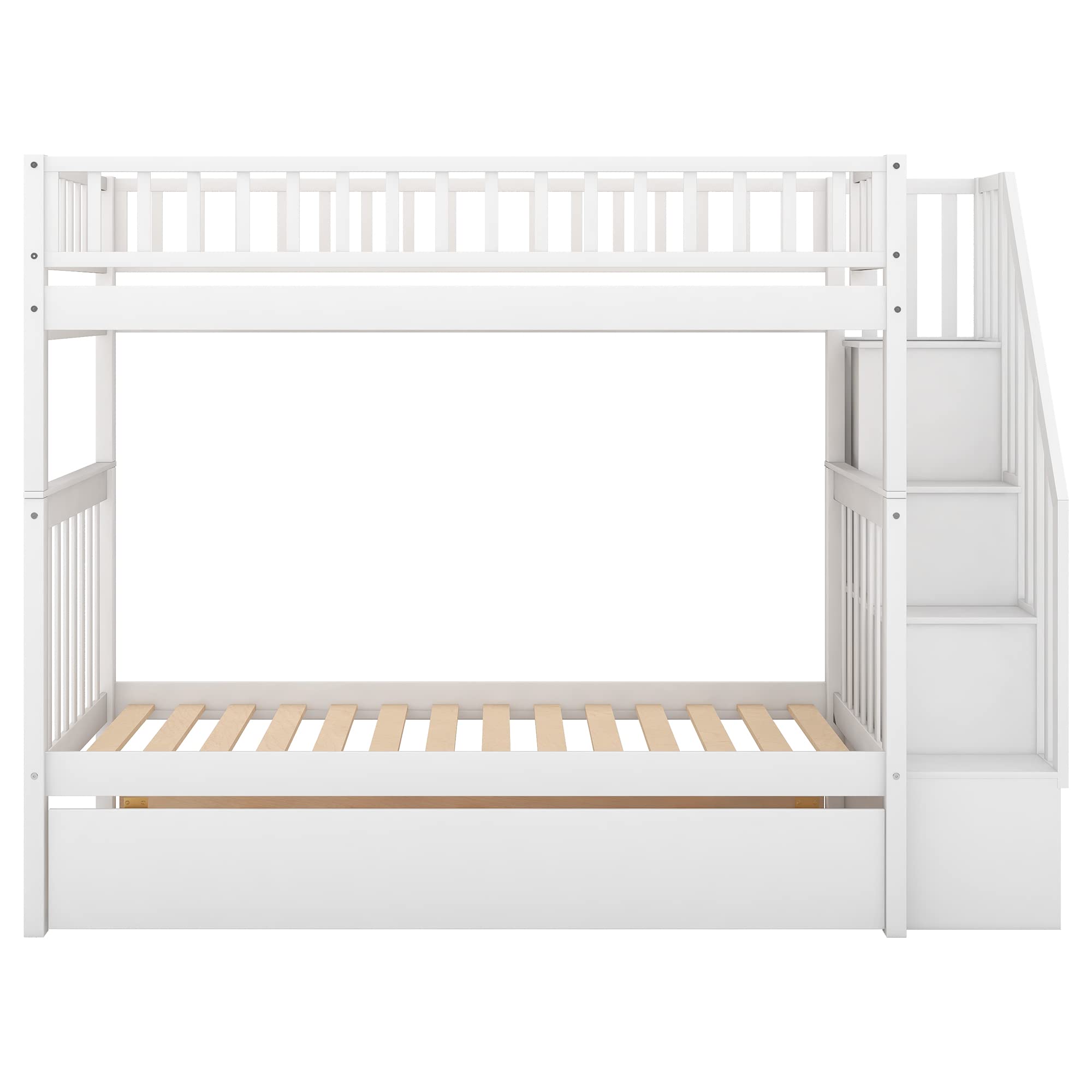 Harper & Bright Designs Twin Over Twin Bunk Bed with Trundle, Storage Shelf & Stairway - Solid Wood Kids & Teen Bunk Bed with Full-Length Guard Rail - Perfect for Small Bedrooms, Shared Kids Rooms & Sleepovers (White)