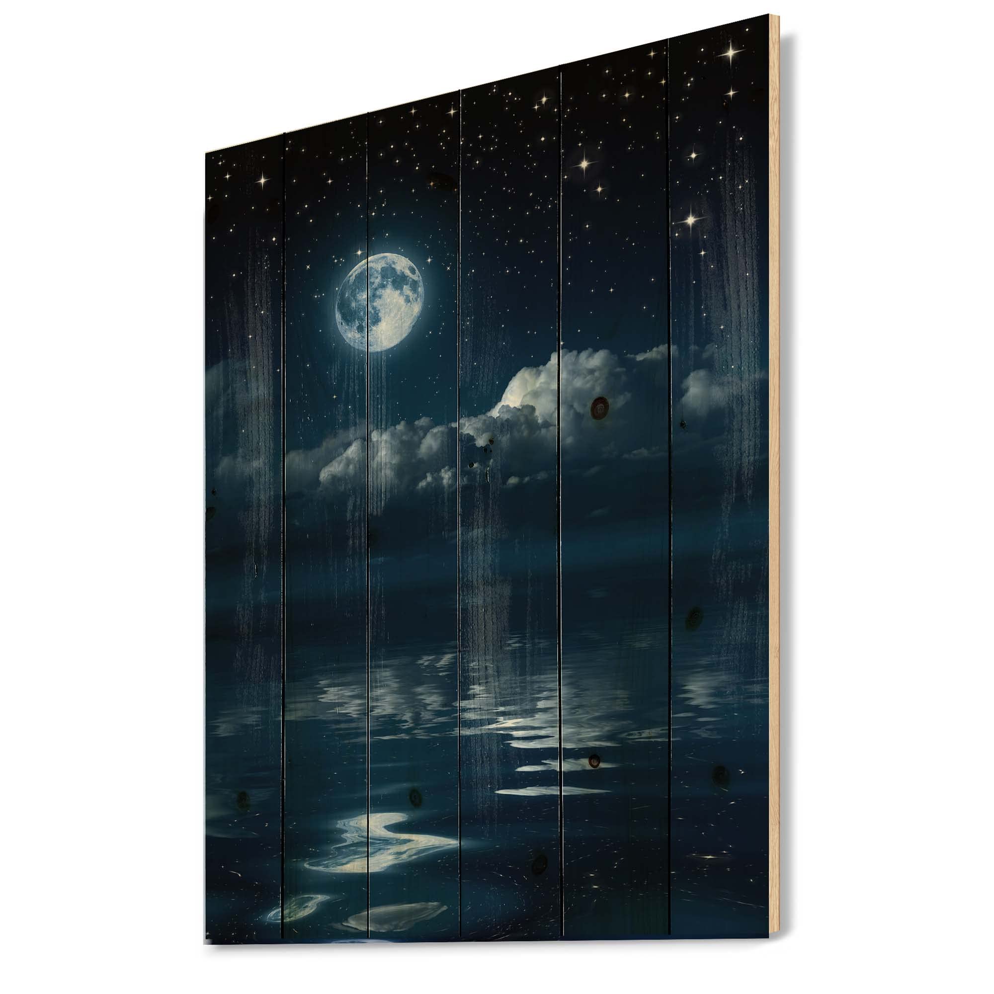 Full Moon Coastal Wood Wall Art - Blue Landscape Panel for Home Decor