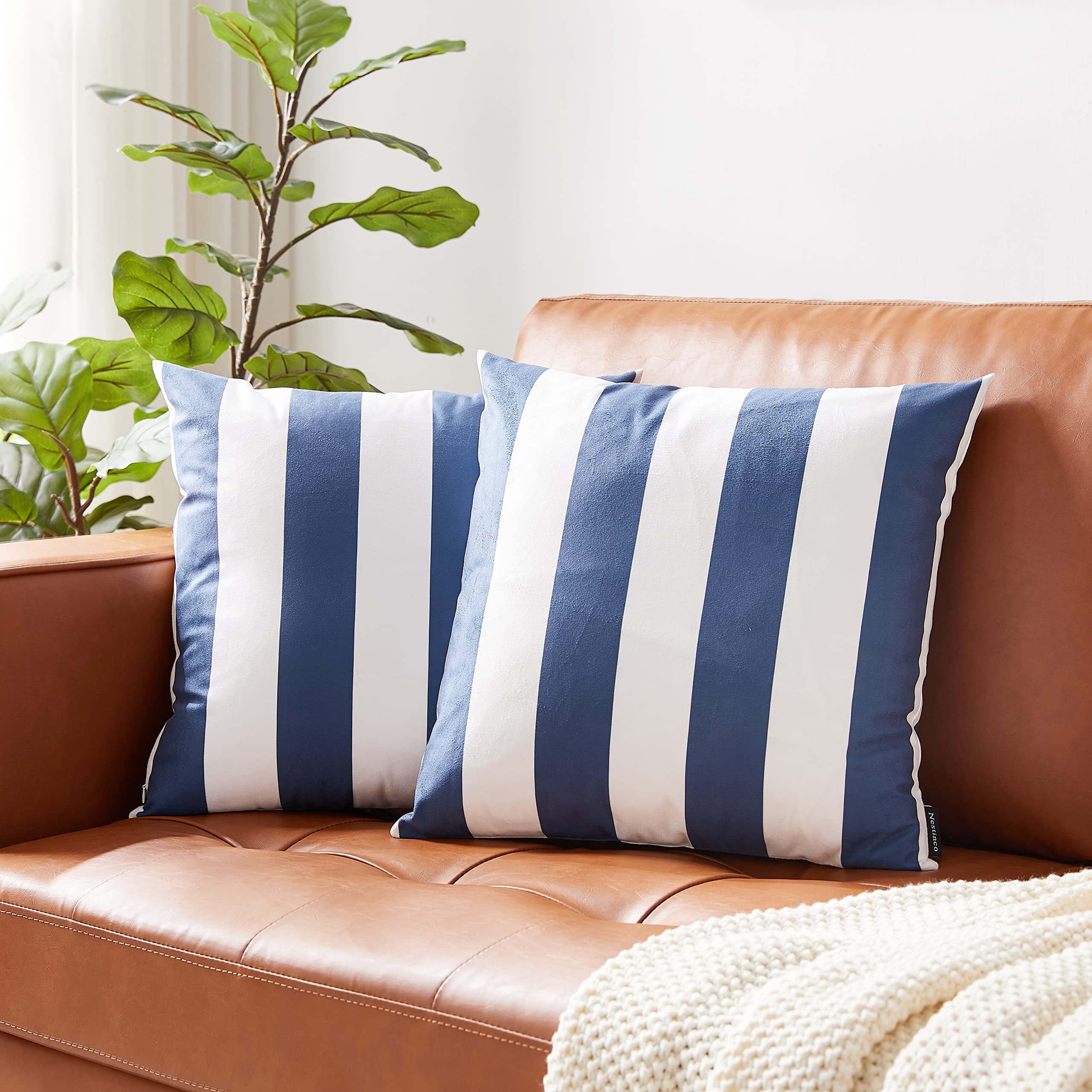 Nestinco 2-Pack Navy Blue & White Striped Decorative Throw Pillow Covers 22x22 Inches - Soft Square Couch Pillow Cases for Sofa, Bed, Living Room Decor | Perfect for Home Styling and Cozy Comfort