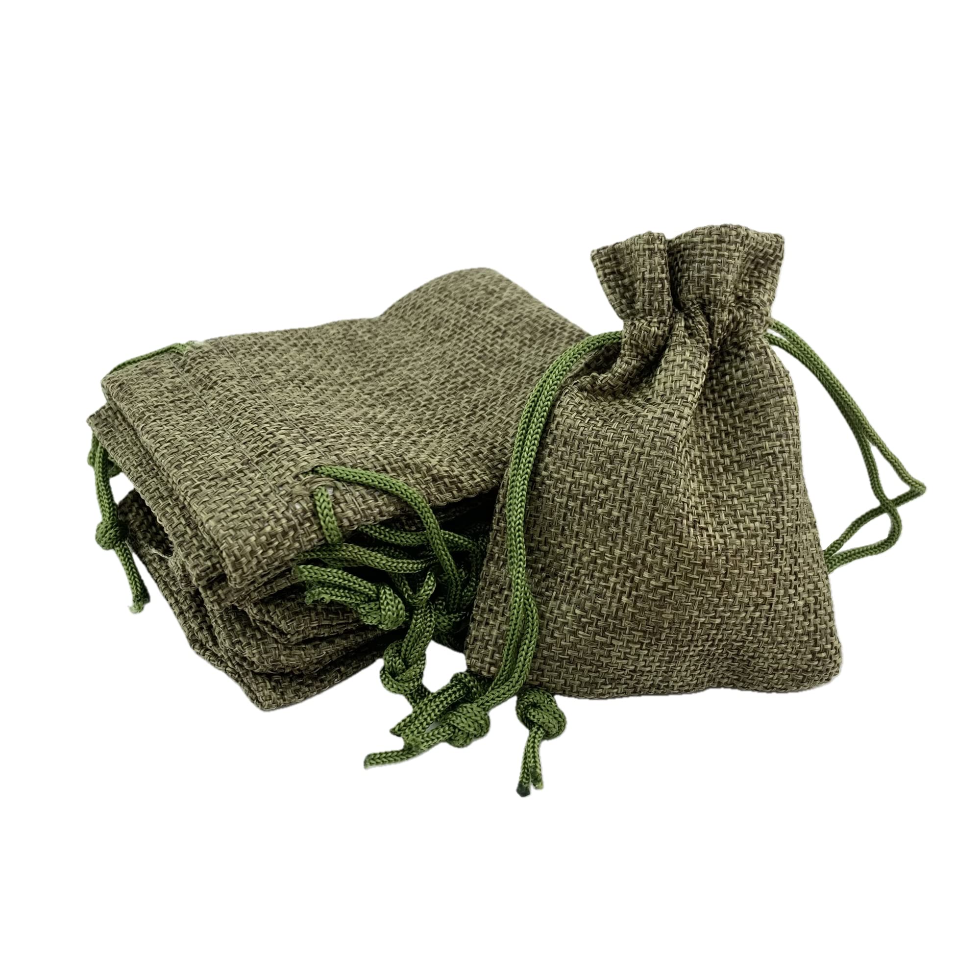 25 Pack Burlap Drawstring Gift Bags - 3.6x4.8 Inch Moss Green Linen Jewelry Pouches for Wedding Favors, Party Gifts, Birthday Treats & Bridal Shower - Eco-Friendly Hessian Jute Bags for Small Gifts & Decorations