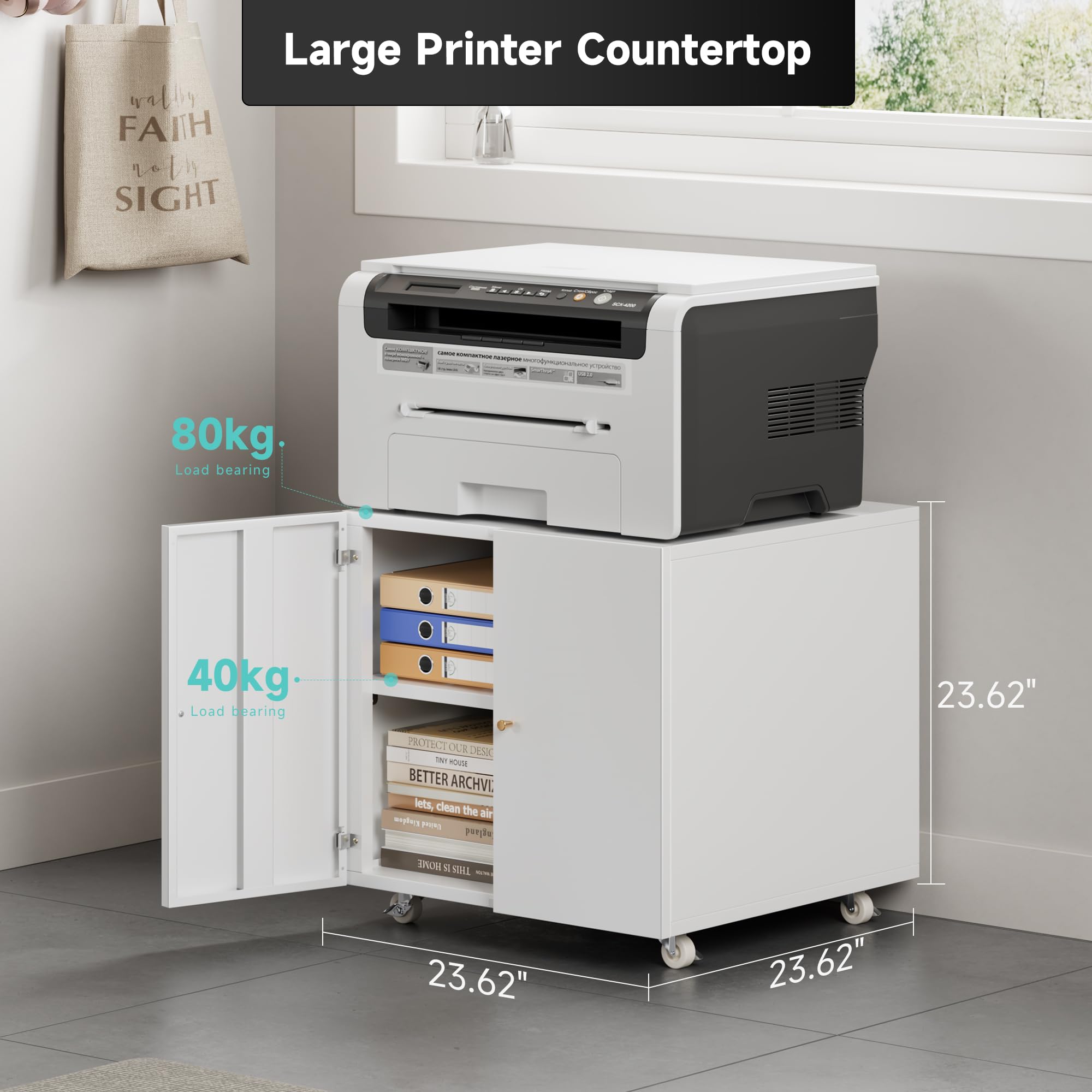 Warmiehomy Metal Printer Stand with Storage - Mobile Printer Table for Small Spaces, Adjustable Shelf & File Cabinet on Wheels - Home Office Organization (White) - Perfect for Compact Workspaces & Home Offices