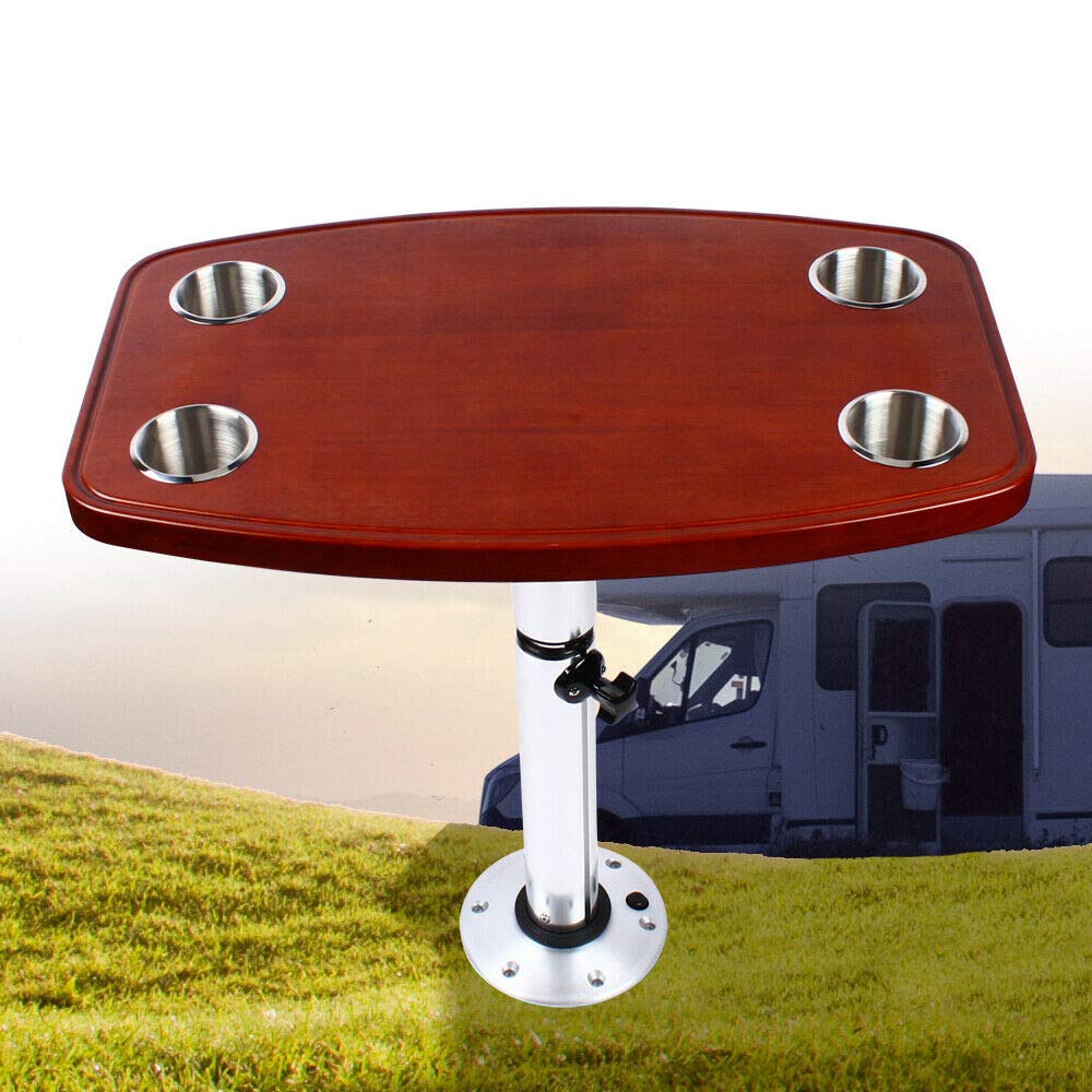**Premium Marine Boat & RV Table - Removable Varnished Oak Table Top with 4 Cup Holders, Adjustable Pedestal Stand (7 Height Settings) - Perfect for Boating, Camping & Outdoor Dining**