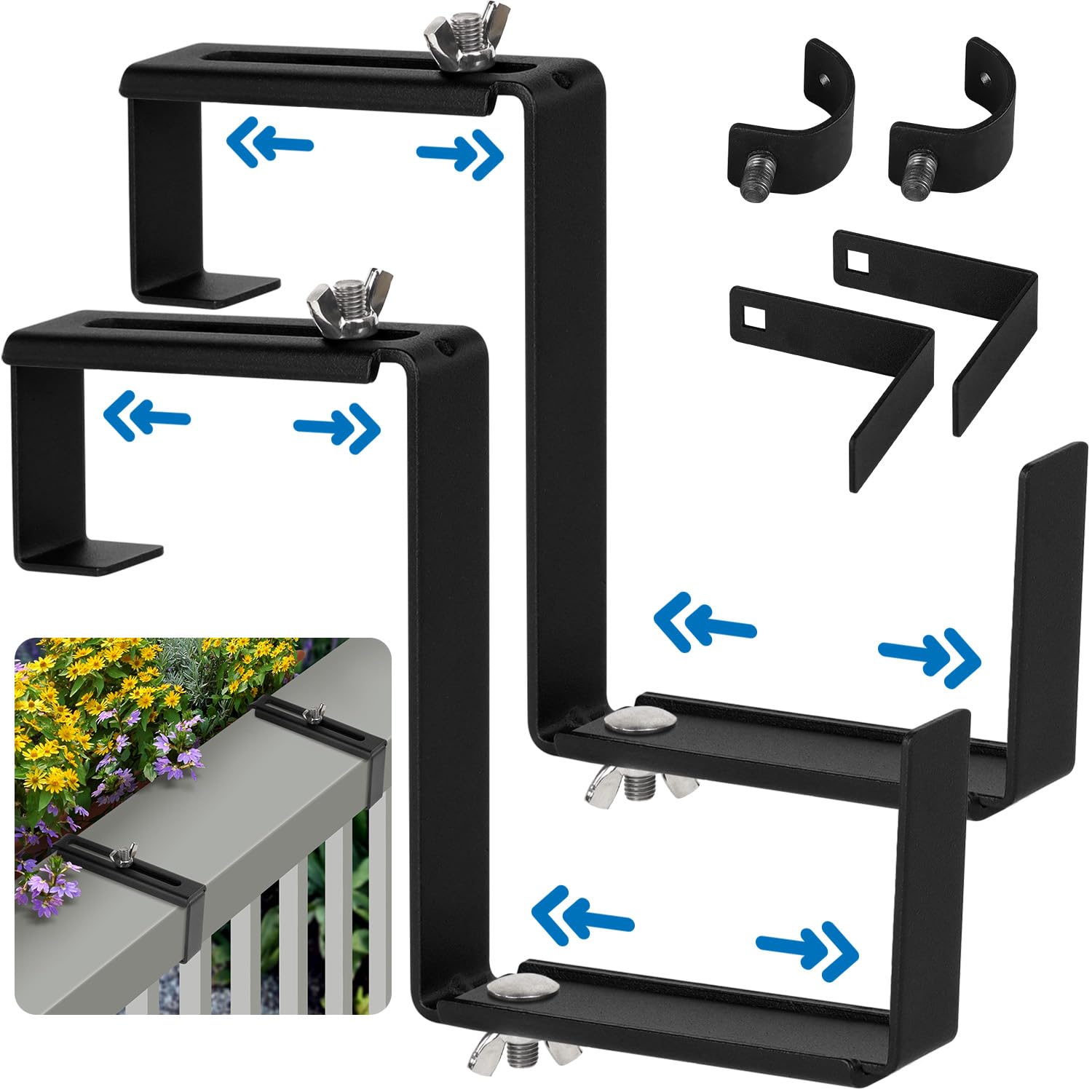 Adjustable Window Box Bracket - No Drill Flower Box Holder for Railing & Deck - Heavy Duty Planter Box Bracket - Black (1 Pair) - Perfect for Balcony, Patio & Outdoor Garden Decor