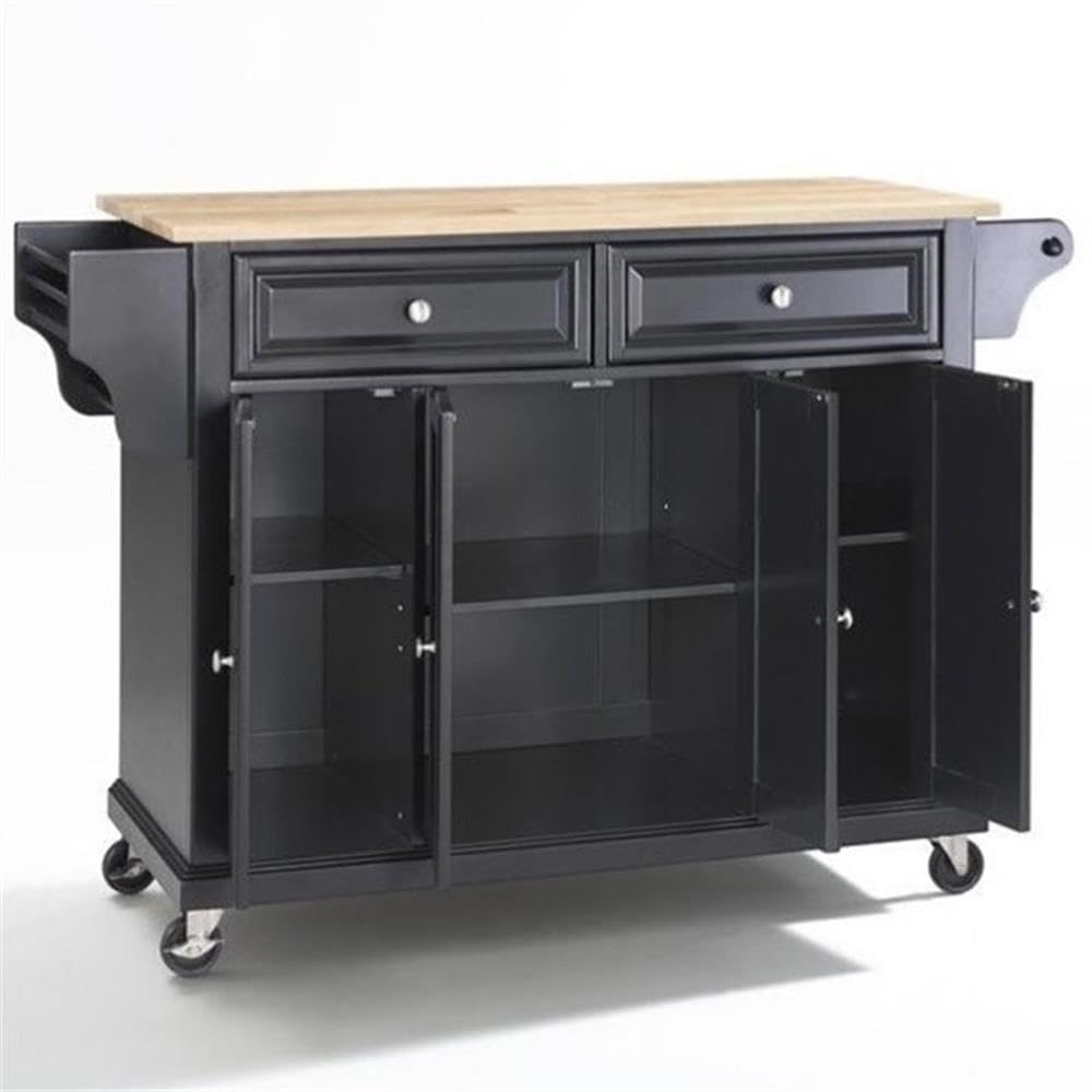 Crosley Wood Top Rolling Kitchen Island Cart - Full Size Microwave Stand with Spice Rack, Black | Perfect for Small Kitchen Storage & Food Prep Station