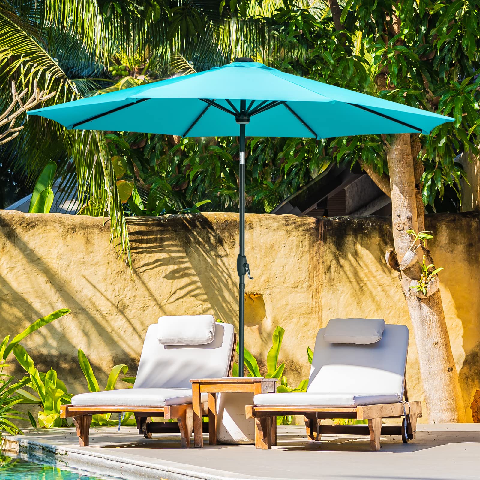 Ainfox 10ft Solar Patio Umbrella with LED Lights - Heavy Duty Steel Frame, Waterproof Sun Shade for Outdoor Garden, Deck, Poolside - Perfect for Backyard, Patio, Restaurant & Beach Use