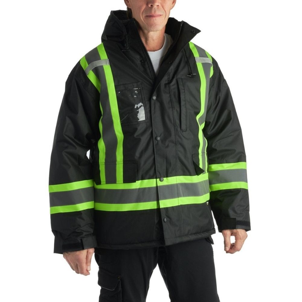 High Visibility Lined Winter Safety Parka Jacket - Black | Reflective Workwear for Cold Weather & Outdoor Construction