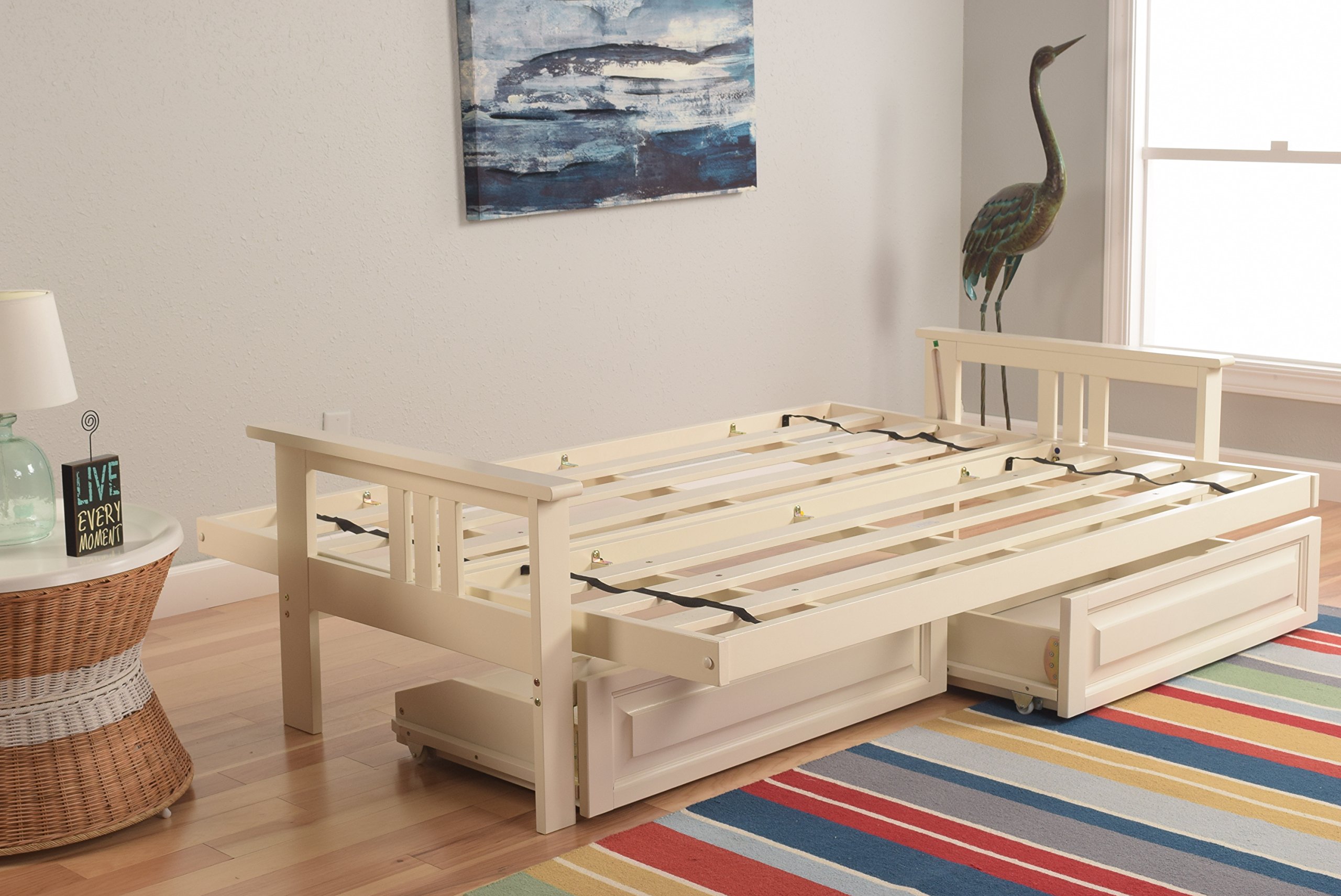 Kodiak Futons Monterey Convertible Sofa Bed Frame with Storage Drawers - Antique White - Space-Saving Furniture for Small Apartments, Guest Rooms & Dorm Rooms