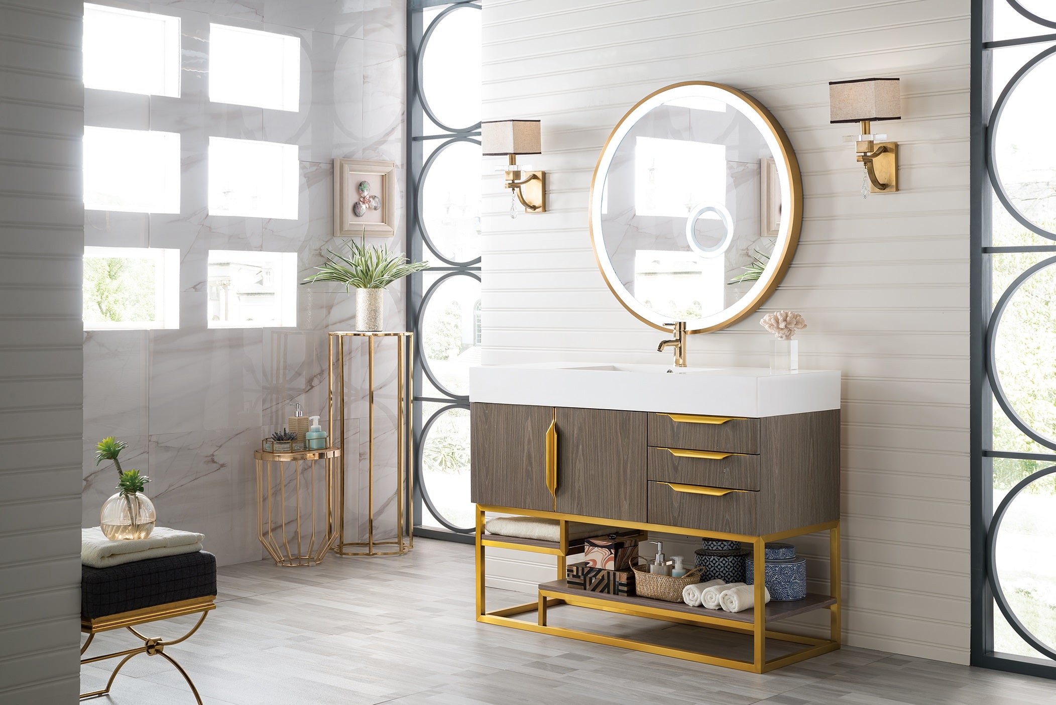 Columbia 48 Inch Single Bathroom Vanity in Ash Gray with Radiant Gold Accents & Glossy White Composite Top - Perfect for Modern Master Bathrooms & Powder Rooms