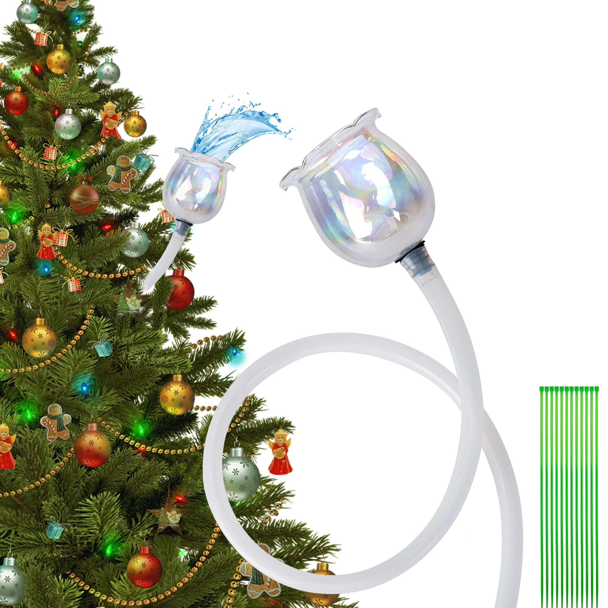 EBaokuup 59 Inch Flower Shape Christmas Tree Watering System - Laser Glass Tree Watering Funnel with 5 Ft Silicone Hose & Retaining Straps - Long Funnel Waterer for Indoor & Outdoor Plants - Perfect for Holiday Decor, Garden Care, and Easy Plant Maintenance