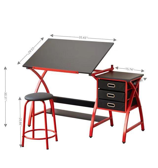 Adjustable Red Drafting Table with Stool - Perfect for Artists, Architects & Students - Home Office & Studio Drawing Desk