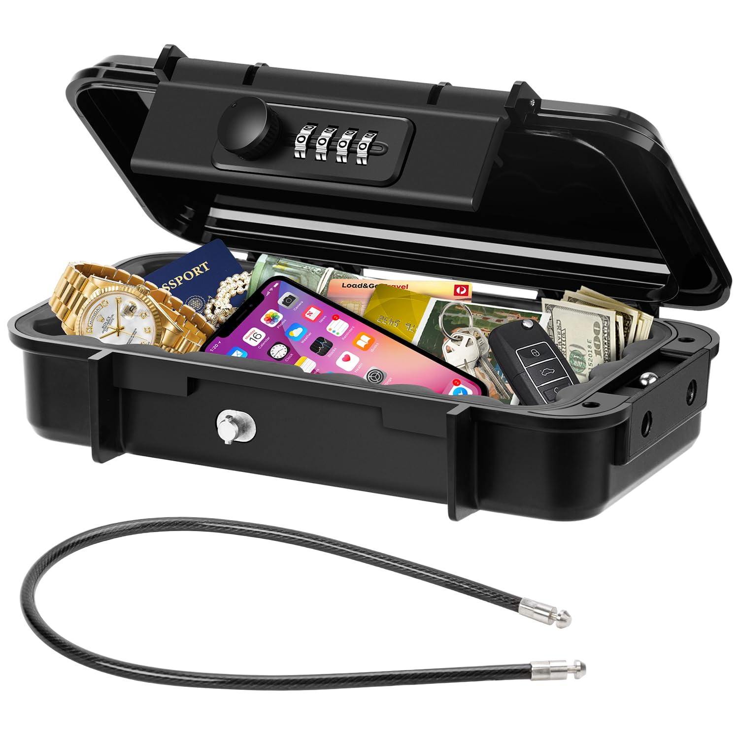 Waterproof Anti-Theft Portable Safe Box with Combination Lock & Removable Wire Rope - Secure Travel Lockbox for Beach, Hotel, Dorm, Home, Office & Car - Perfect for Vacation, Camping & Outdoor Adventures