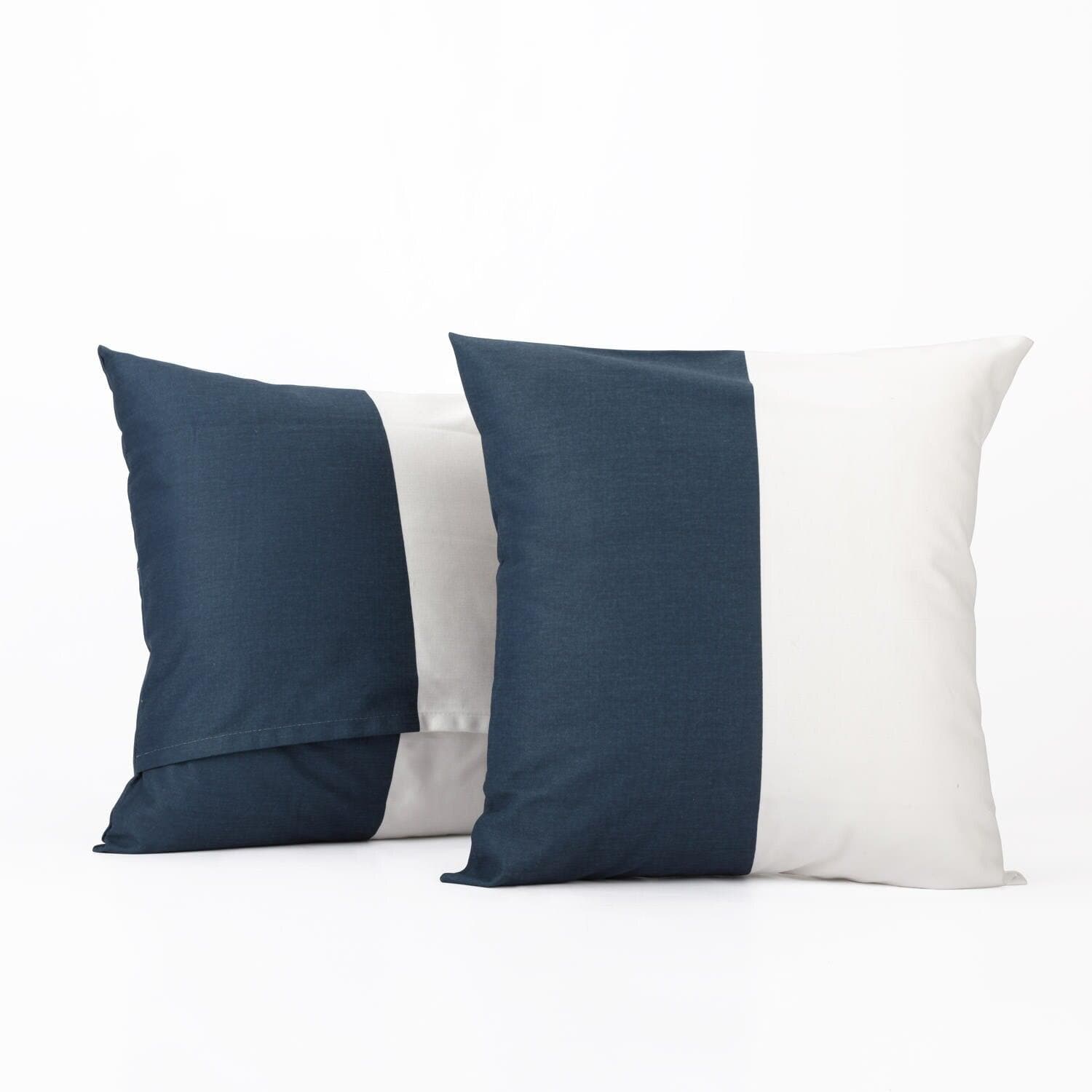 Stylish Dusk Blue & Off White Striped Cotton Cushion Covers (Set of 2) - Soft Decorative Pillow Cases for Living Room, Bedroom & Sofa