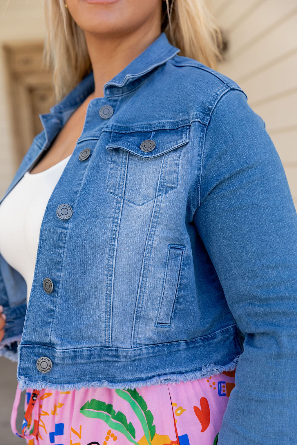 Kenzie Crop Denim Jacket for Women - Stylish Distressed Light Blue Denim Jacket - Perfect for Spring Outfits & Casual Streetwear