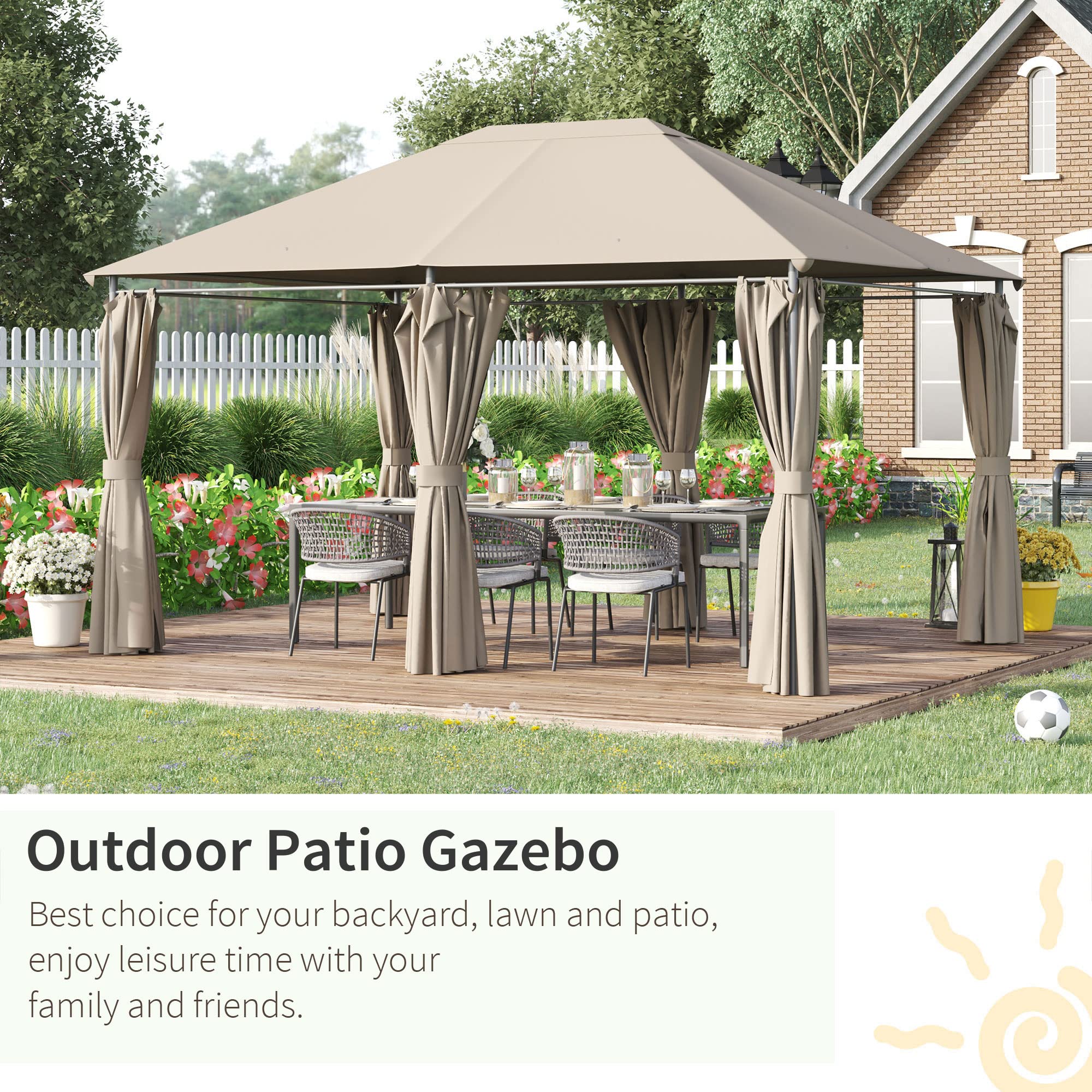 Outsunny 10' x 13' Outdoor Patio Gazebo with 6 Removable Sidewalls & Steel Frame - Perfect for Garden, Lawn, Backyard, Deck, and Outdoor Entertaining - Khaki Canopy Shelter